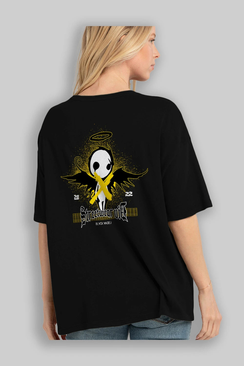Black Angel Arka Baskılı Oversize t-shirt Erkek Kadın Unisex