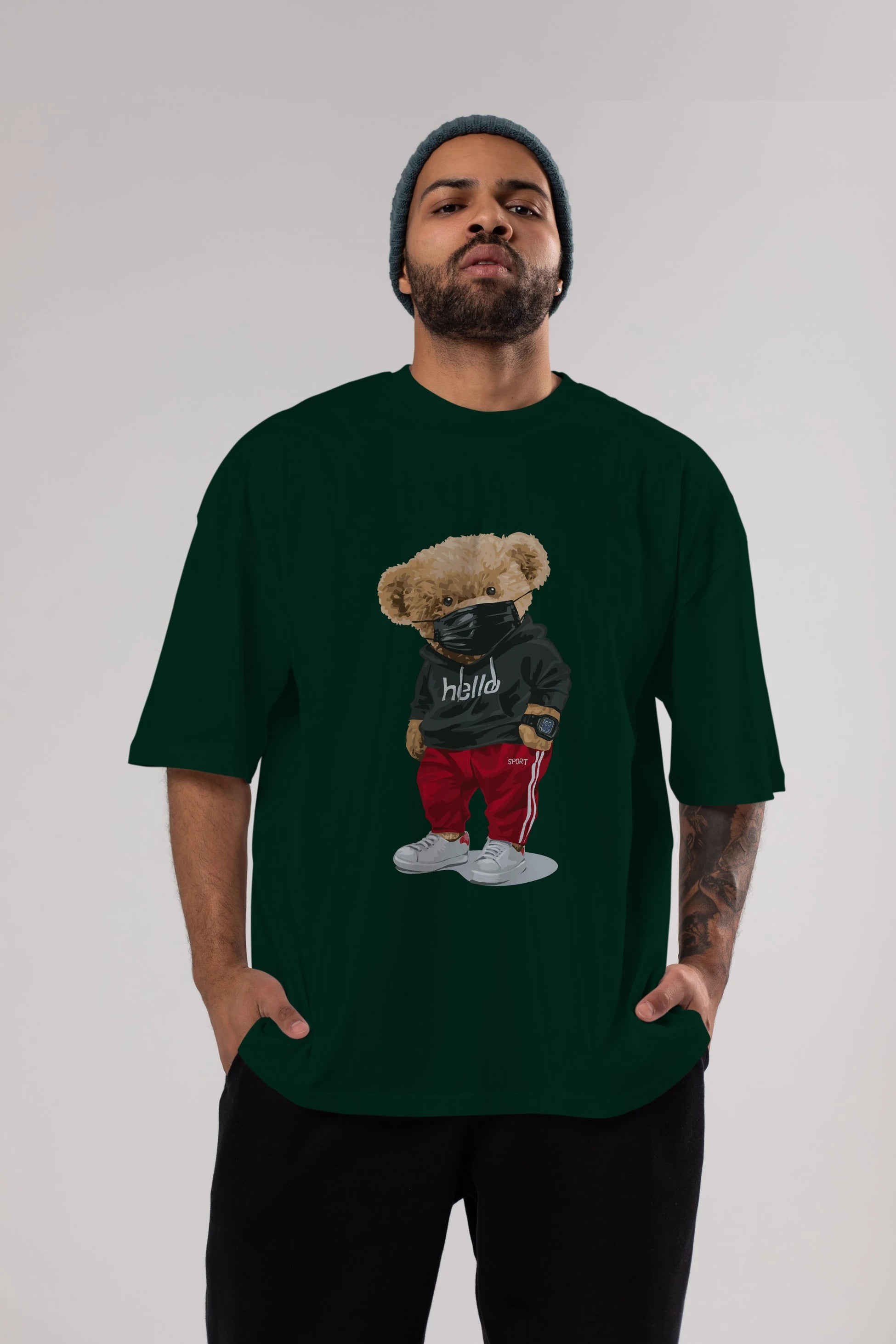 Teddy Bear Hello Sport Ön Baskılı Oversize t-shirt Erkek Kadın Unisex %100 Pamuk
