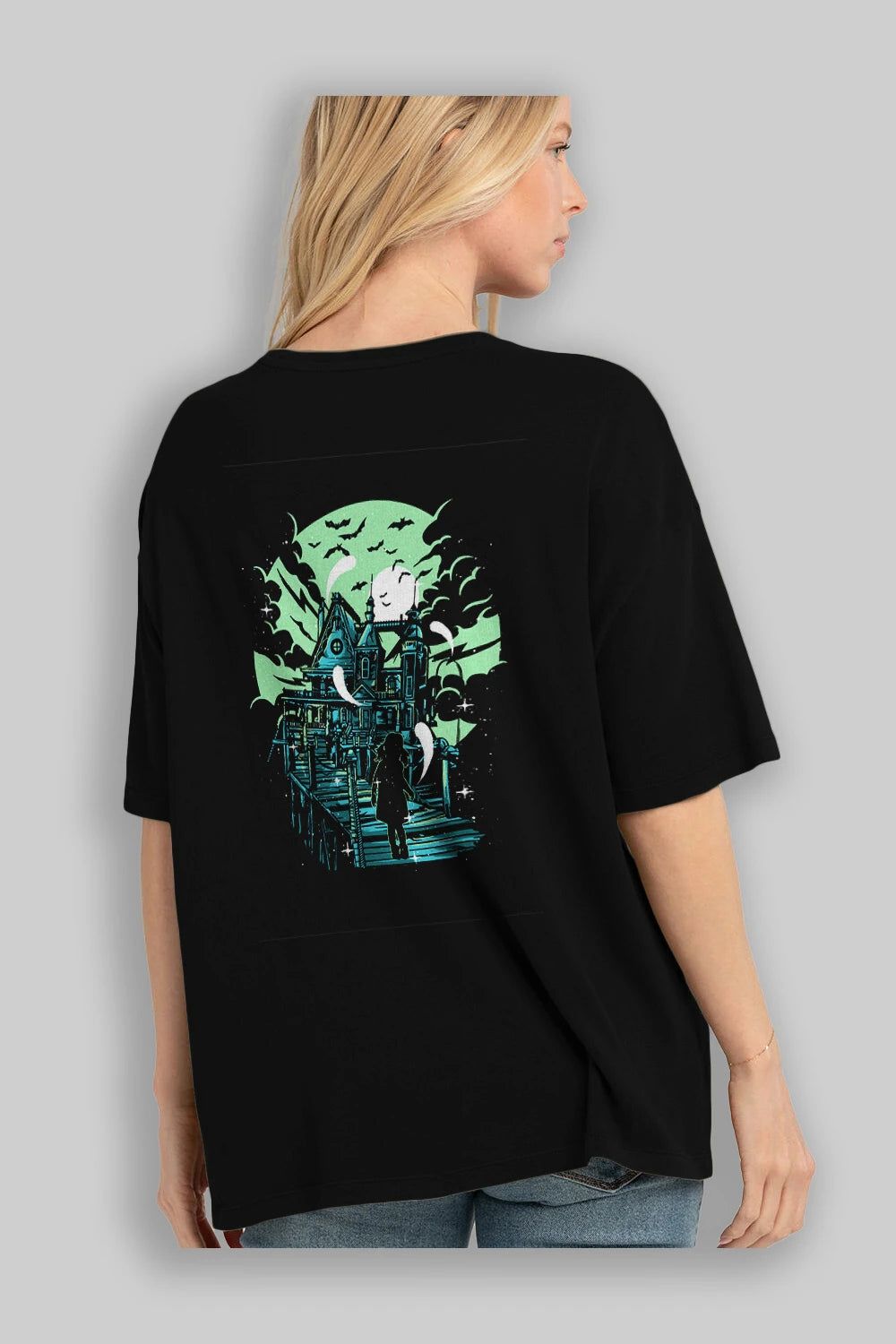 Haunted House Arka Baskılı Oversize t-shirt Erkek Kadın Unisex %100 Pamuk