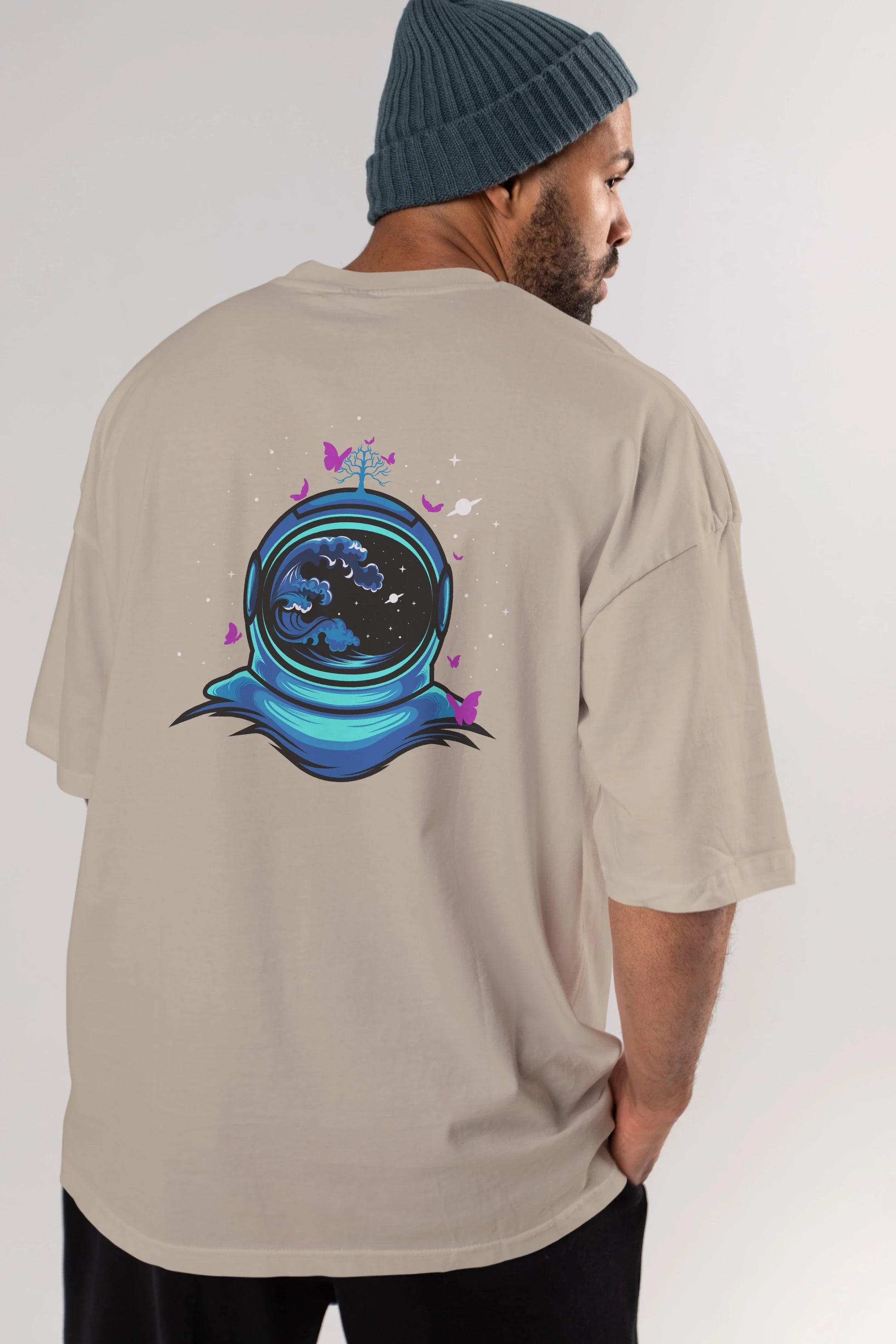 Astronaut and Butterfly Arka Baskılı Oversize t-shirt Erkek Kadın Unisex