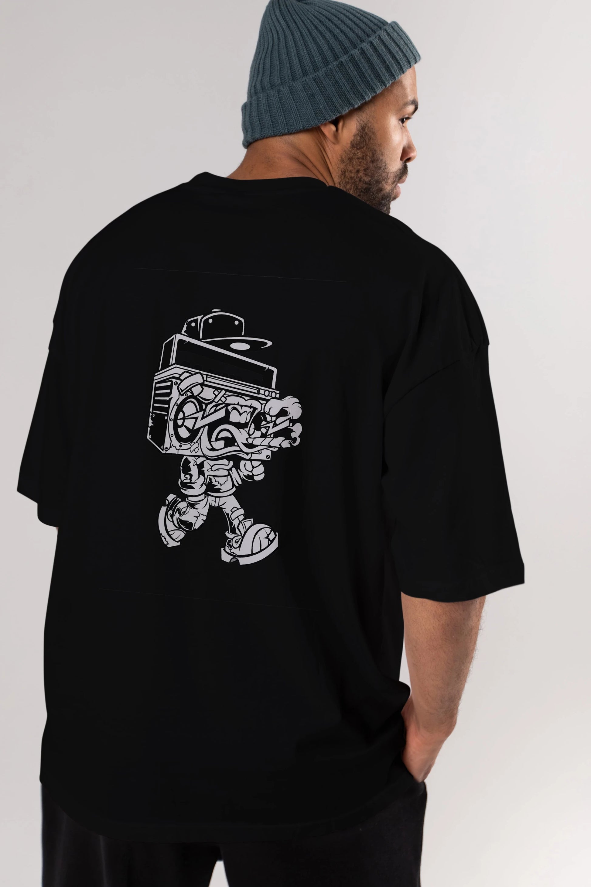 Boombox Arka Baskılı Oversize t-shirt Erkek Kadın Unisex %100 Pamuk tişort