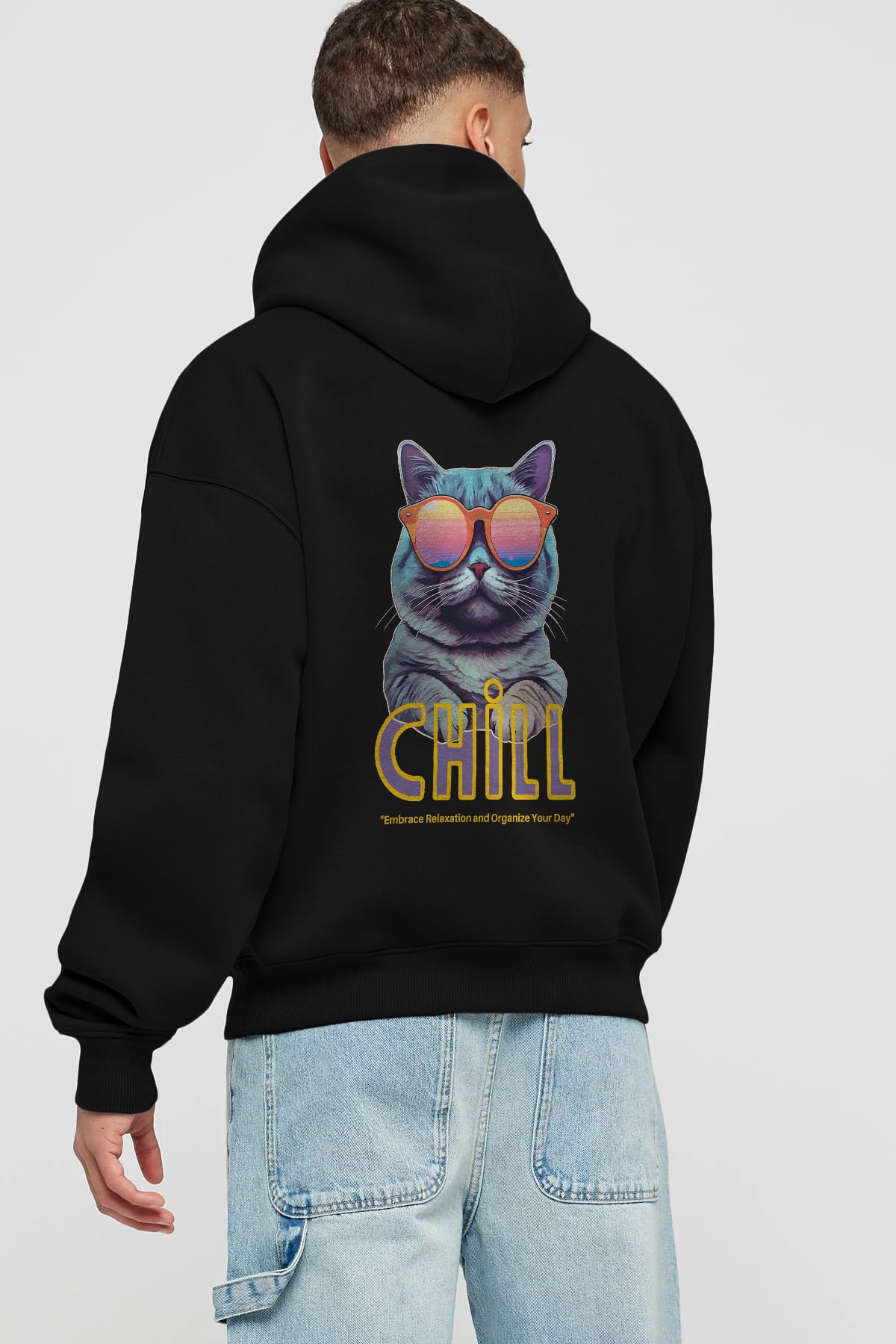 Chill Cat Arka Baskılı Oversize Hoodie Kapüşonlu Sweatshirt Erkek Kadın Unisex