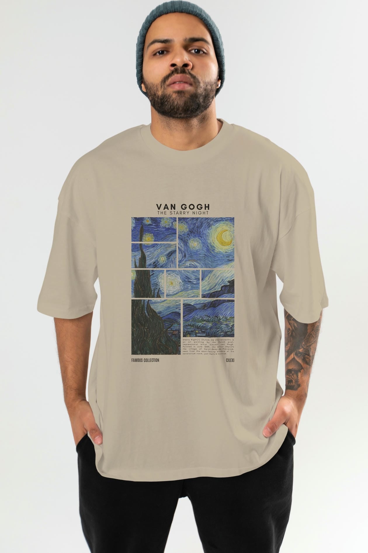 Van Gogh The Starry Night ön Baskılı Oversize t-shirt Erkek Kadın Bisiklet Yaka Pamuk tişort