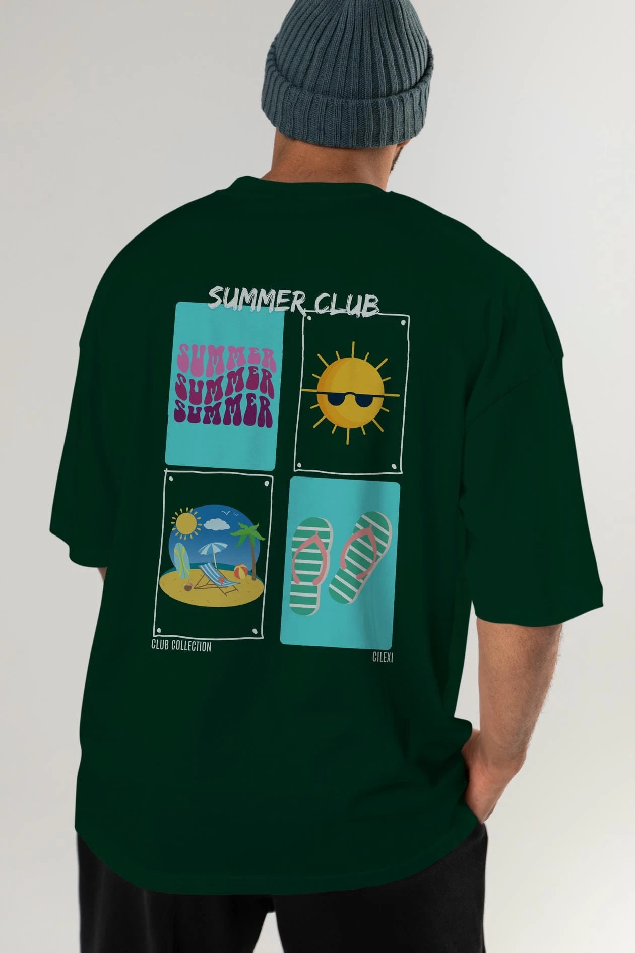 Summer Club Arka Baskılı Oversize t-shirt Erkek Kadın %100 Pamuk Bisiklet Yaka tişort