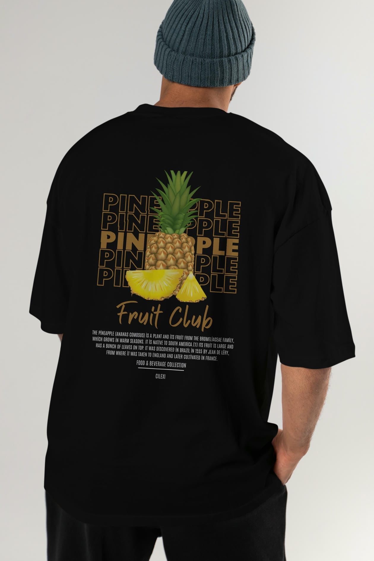 Pineapple Arka Baskılı Oversize t-shirt Erkek Kadın Pamuk Bisiklet Yaka tişort
