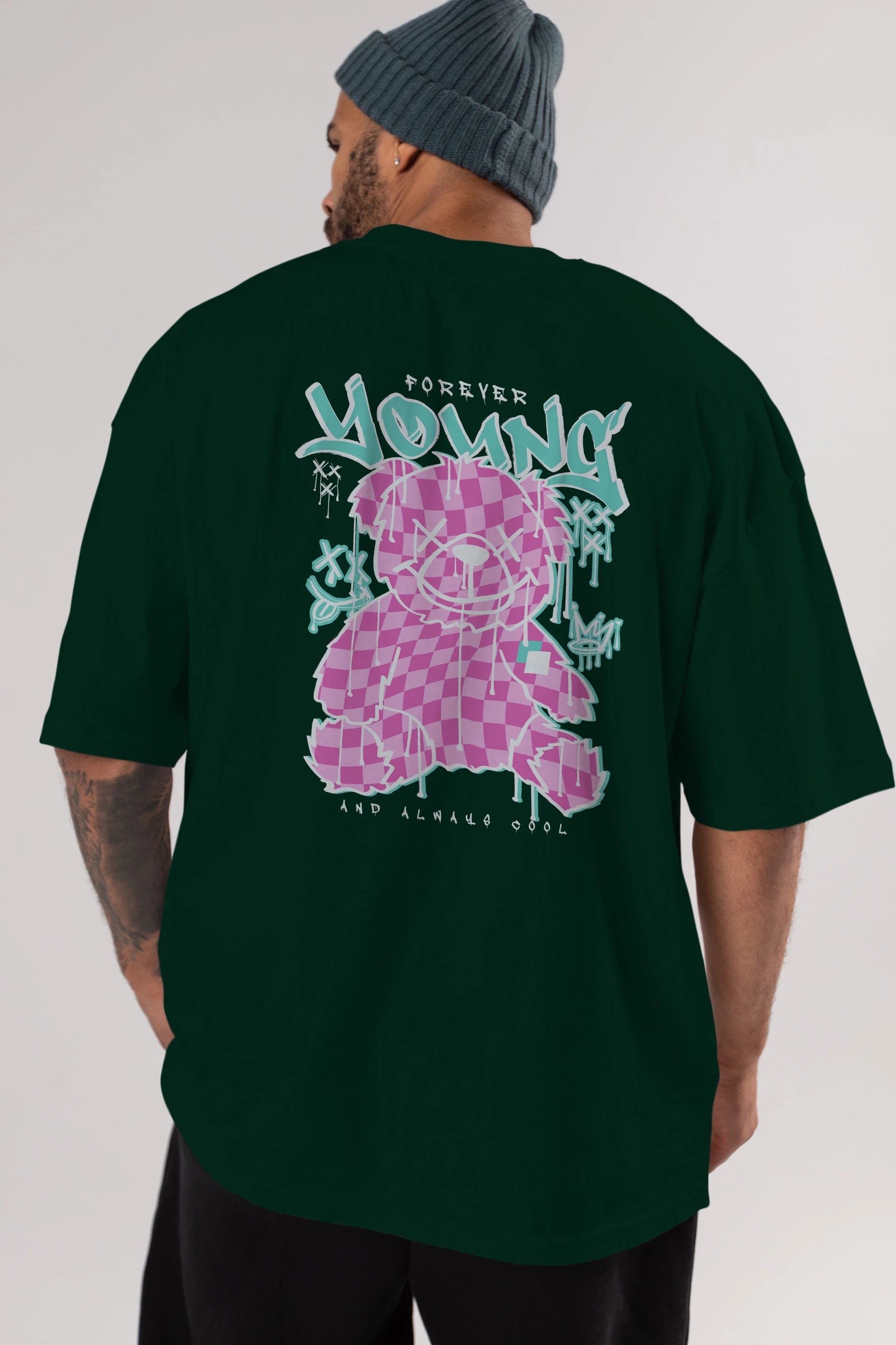 Young and Always Cool Bear Arka Baskılı Oversize t-shirt Erkek Kadın Unisex