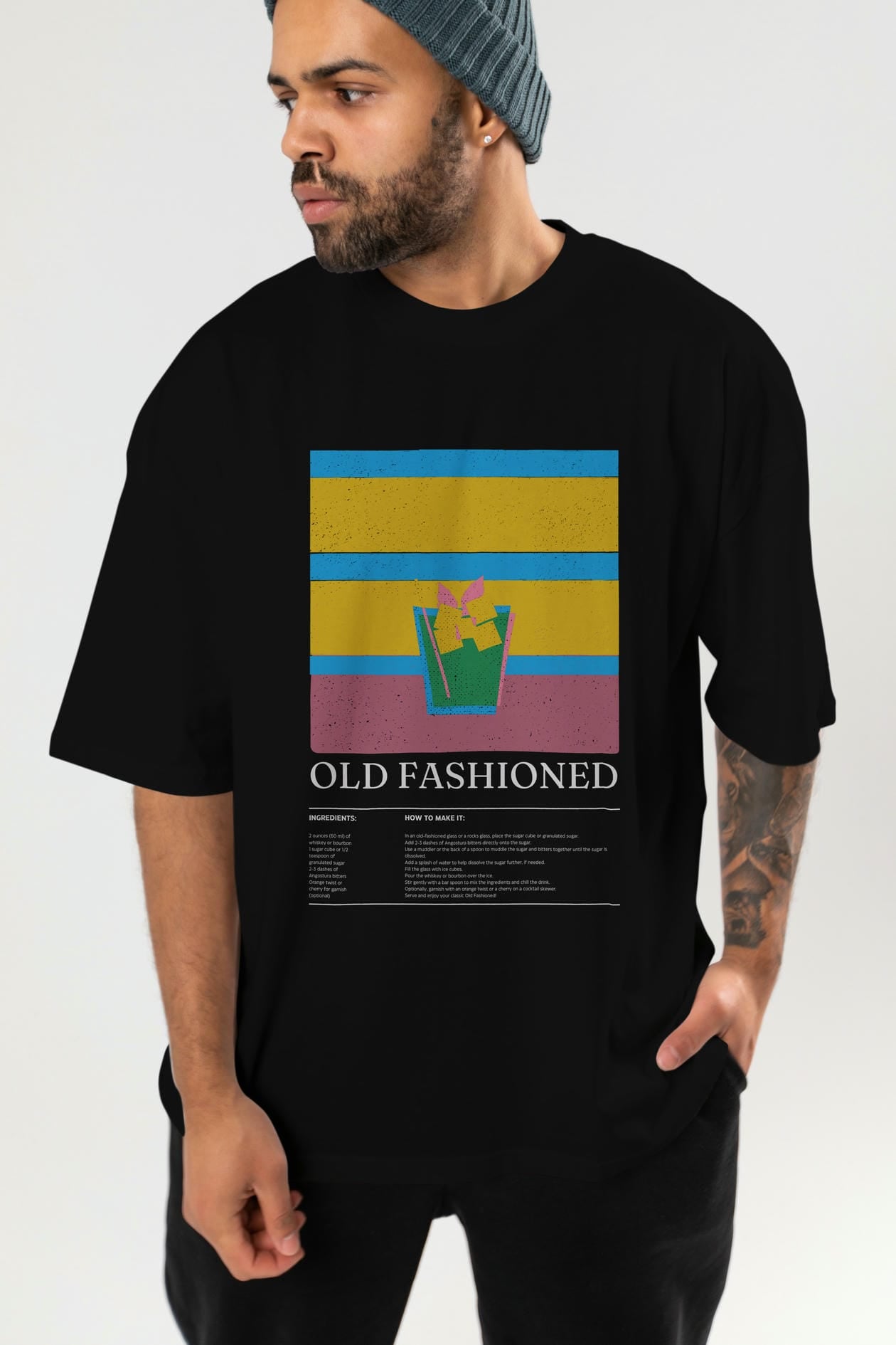 Old Fashioned Kokteyl Ön Baskılı Oversize t-shirt Erkek Kadın %100 Pamuk Bisiklet Yaka tişort
