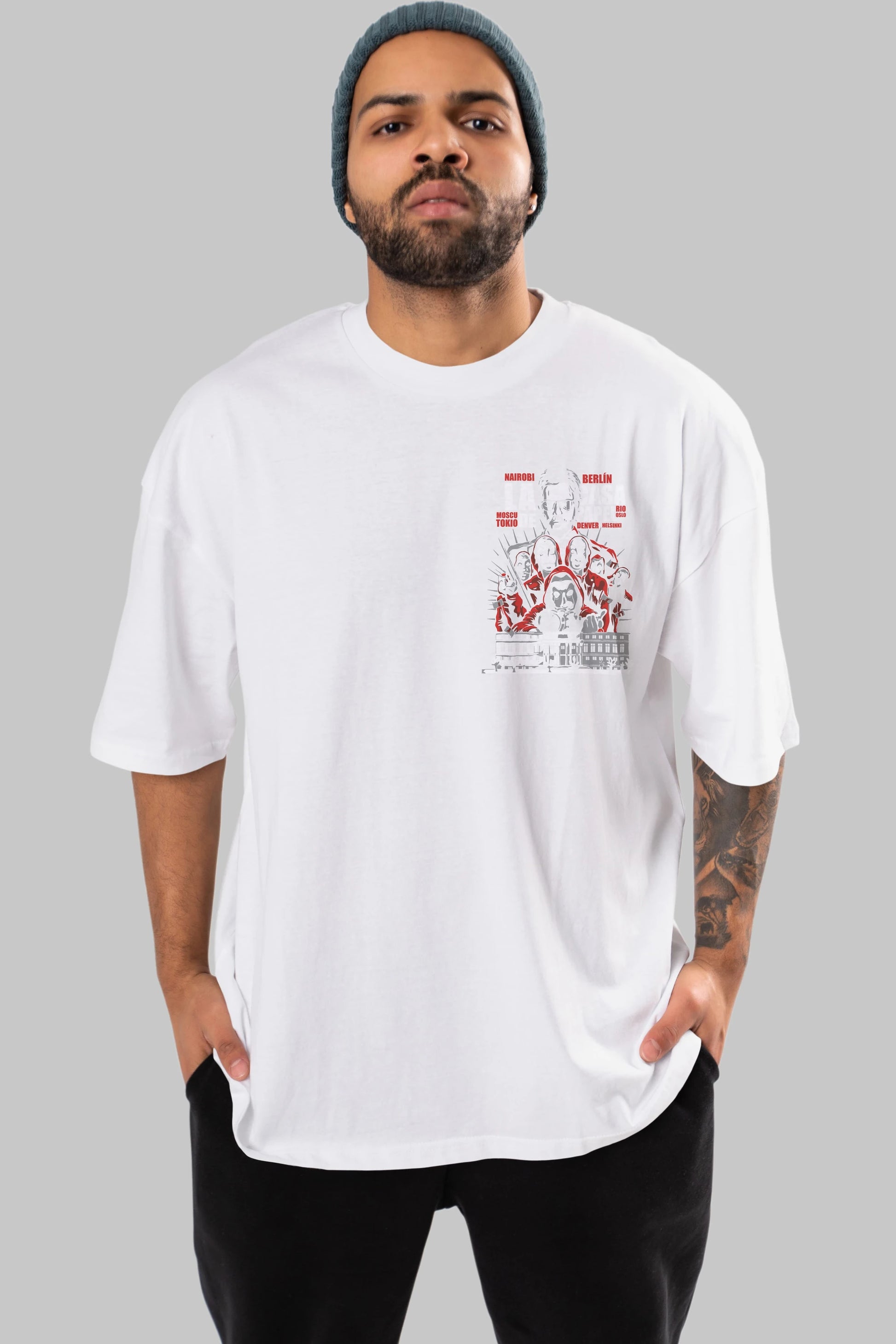 La Casa De Papel (2) Ön Sol Baskılı Oversize t-shirt Erkek Kadın Unisex %100 Pamuk Bisiklet Yaka tişort