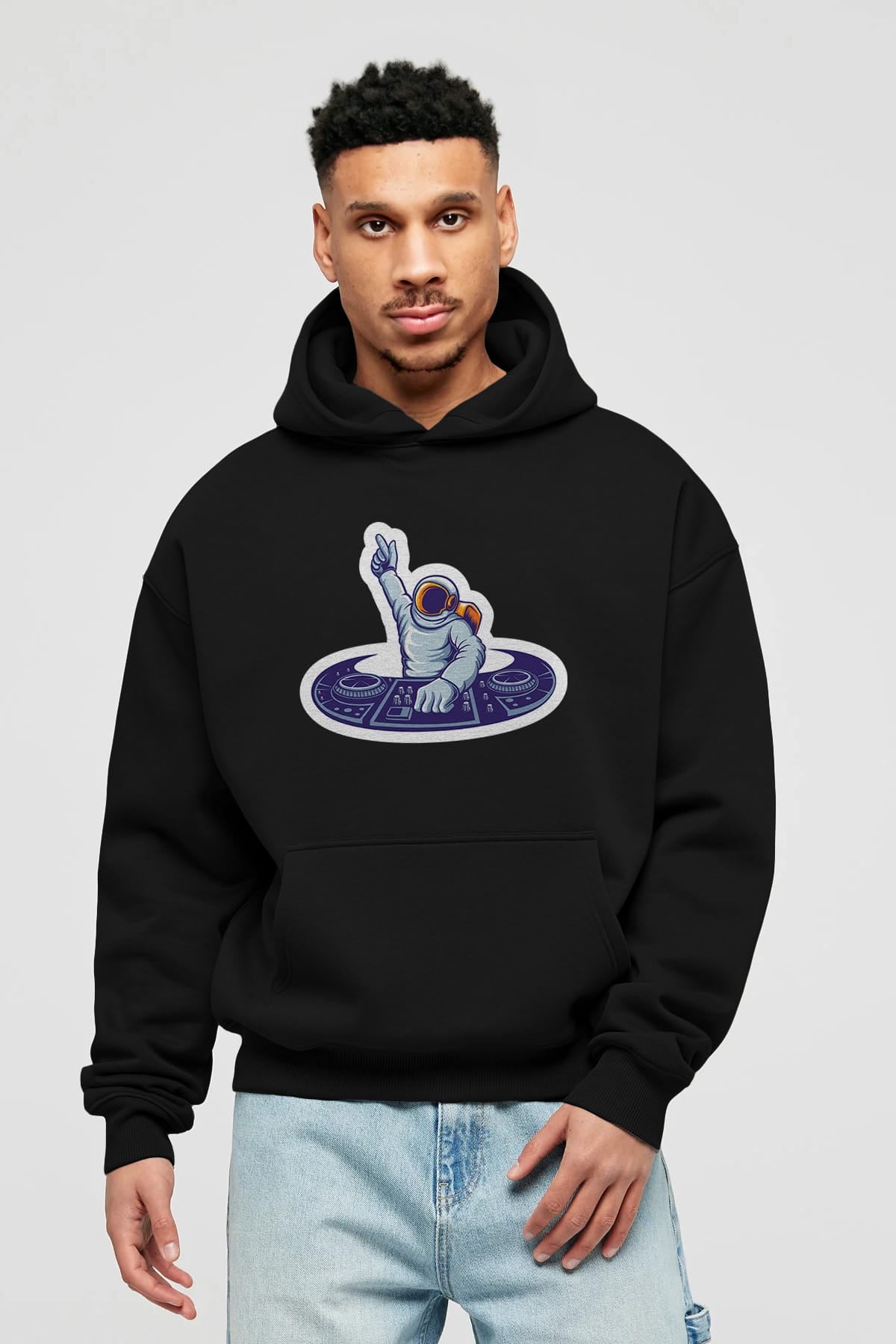 Astronaut Disk Jockey Party Sticker Ön Baskılı Hoodie Oversize Kapüşonlu Sweatshirt Erkek Kadın Unisex