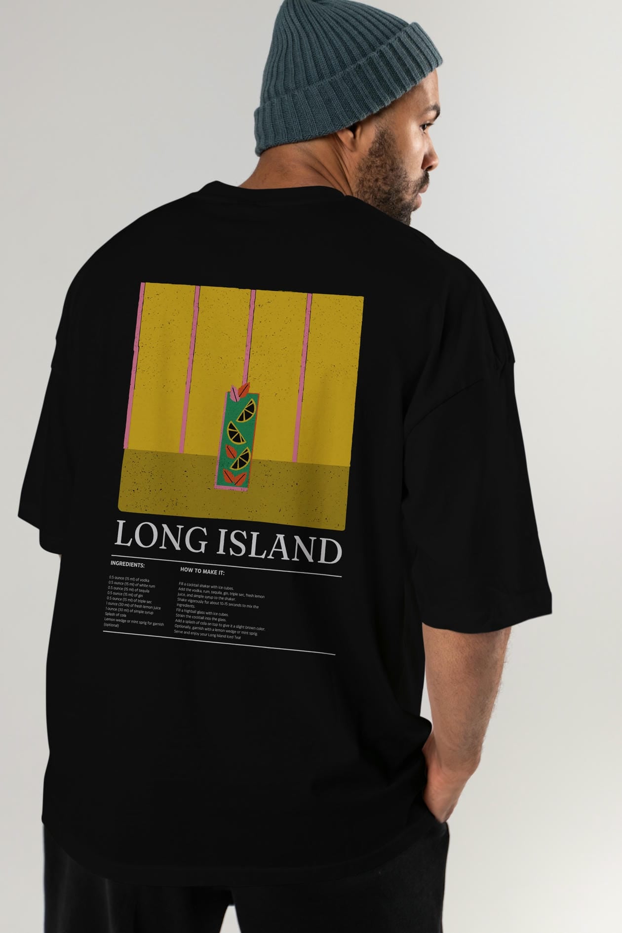 Long Island Kokteyl Serisi Arka Baskılı Oversize t-shirt Erkek Kadın %100 Pamuk Bisiklet Yaka tişort