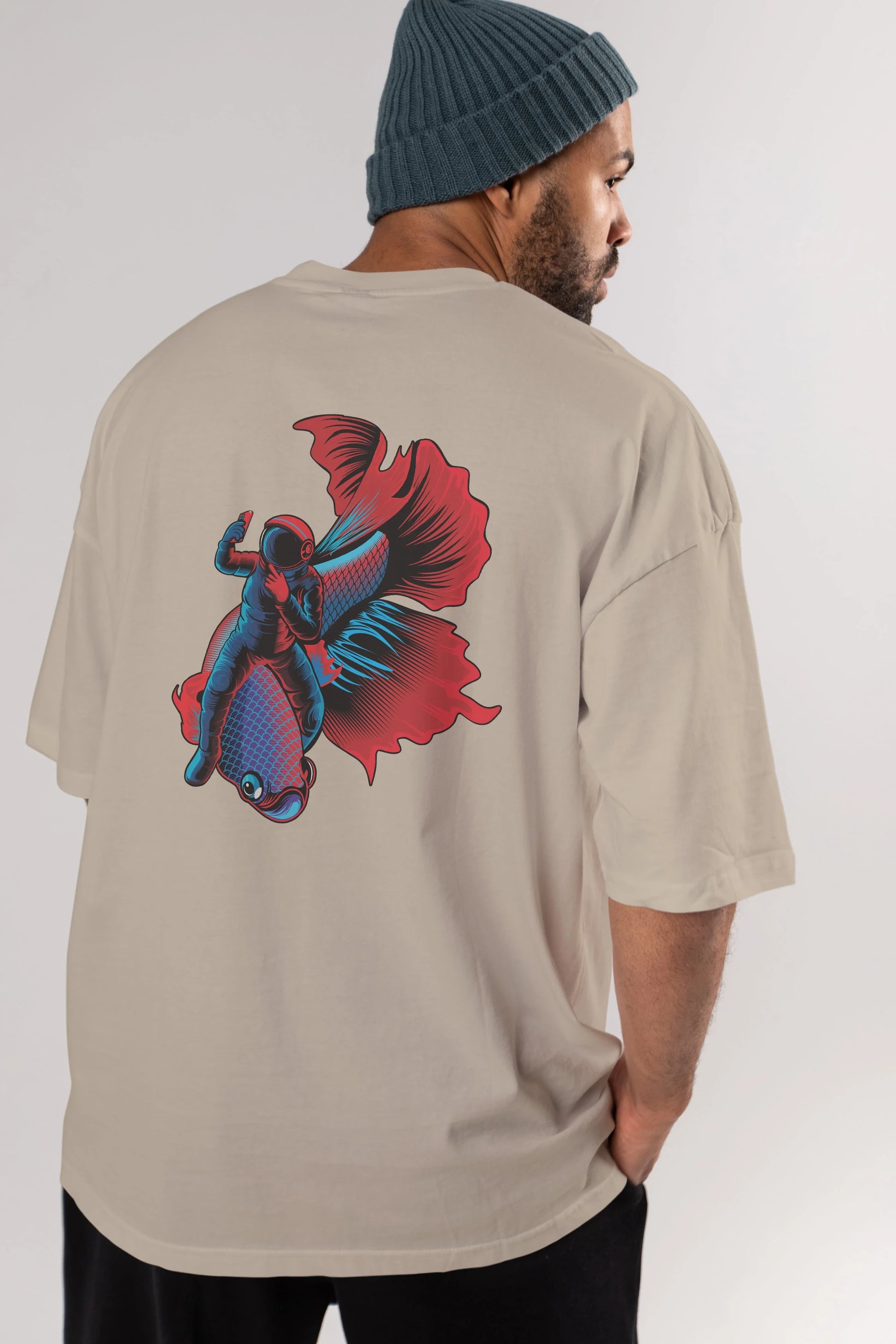 Astrofish selfie Arka Baskılı Oversize t-shirt Erkek Kadın Unisex