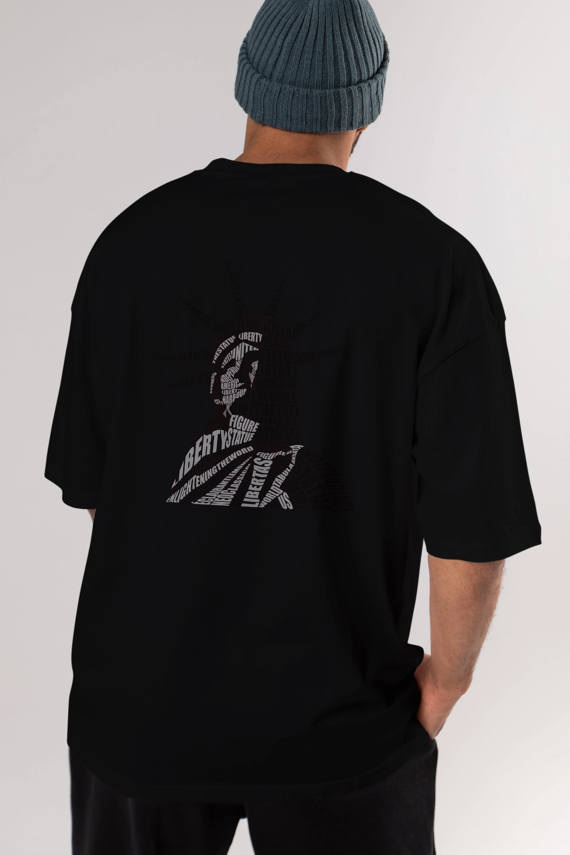 Liberty Statue Calligram Arka Baskılı Oversize t-shirt %100 pamuk Erkek Kadın Unisex