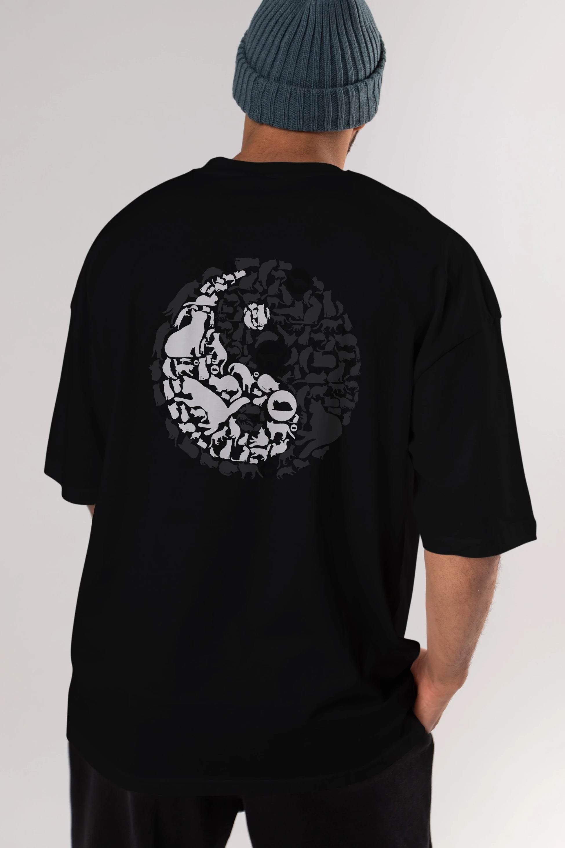 YinYang Cats Arka Baskılı Oversize t-shirt %100 pamuk Erkek Kadın Unisex