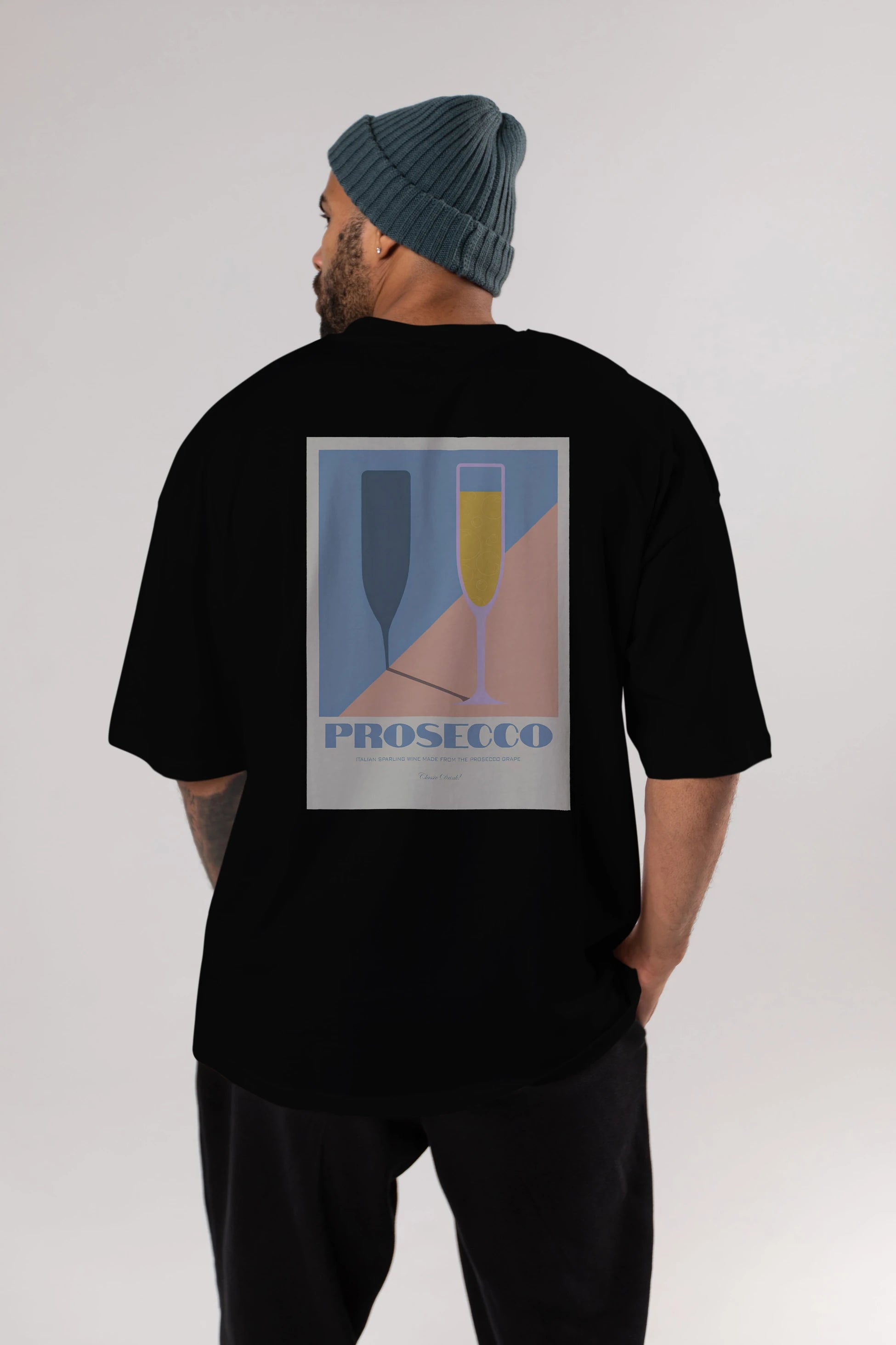 Prosecco Arka Baskılı Oversize t-shirt Erkek Kadın Unisex %100 Pamuk Bisiklet Yaka tişort
