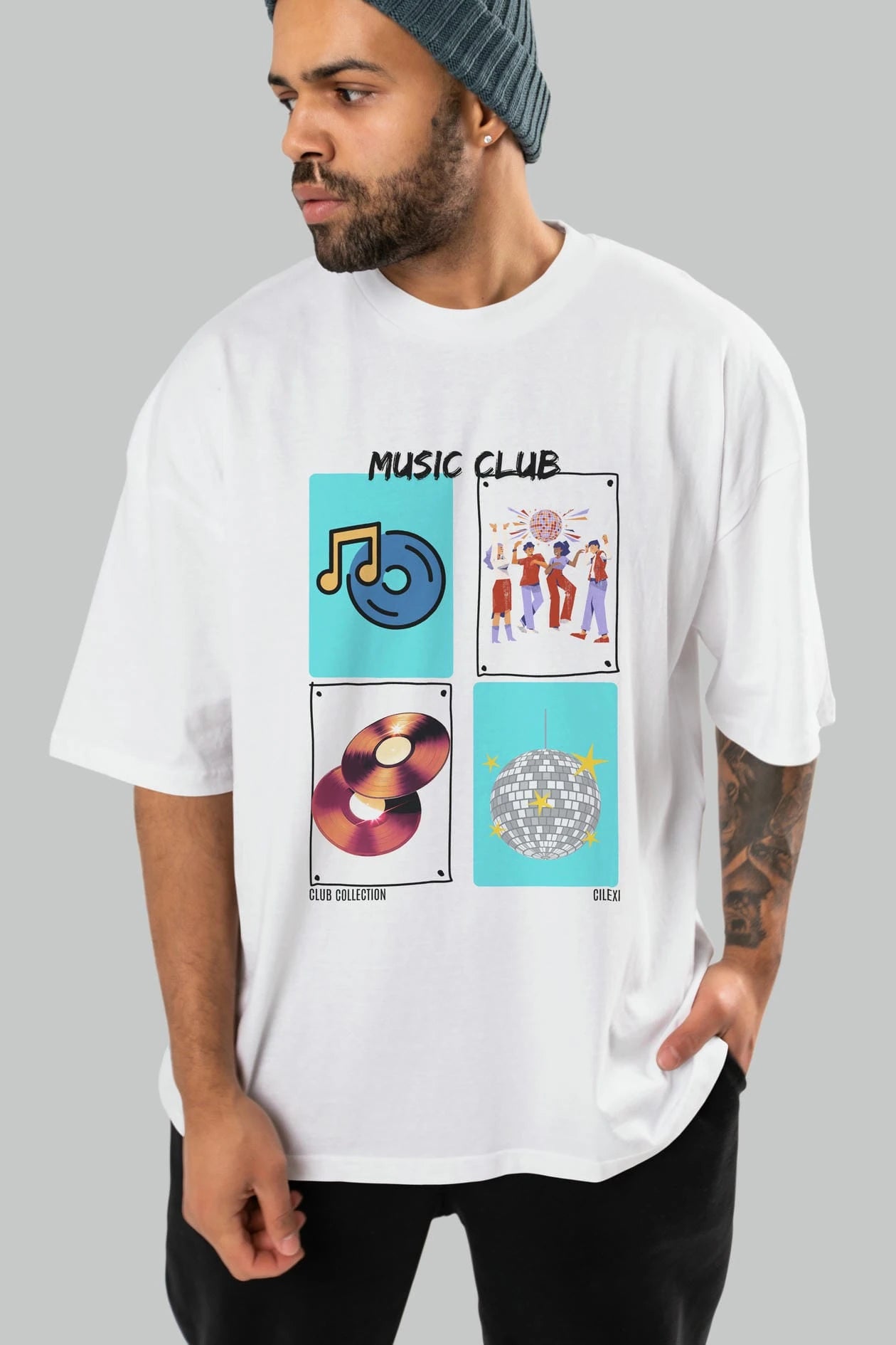 Music Club ön Baskılı Oversize t-shirt Erkek Kadın %100 Pamuk Bisiklet Yaka tişort