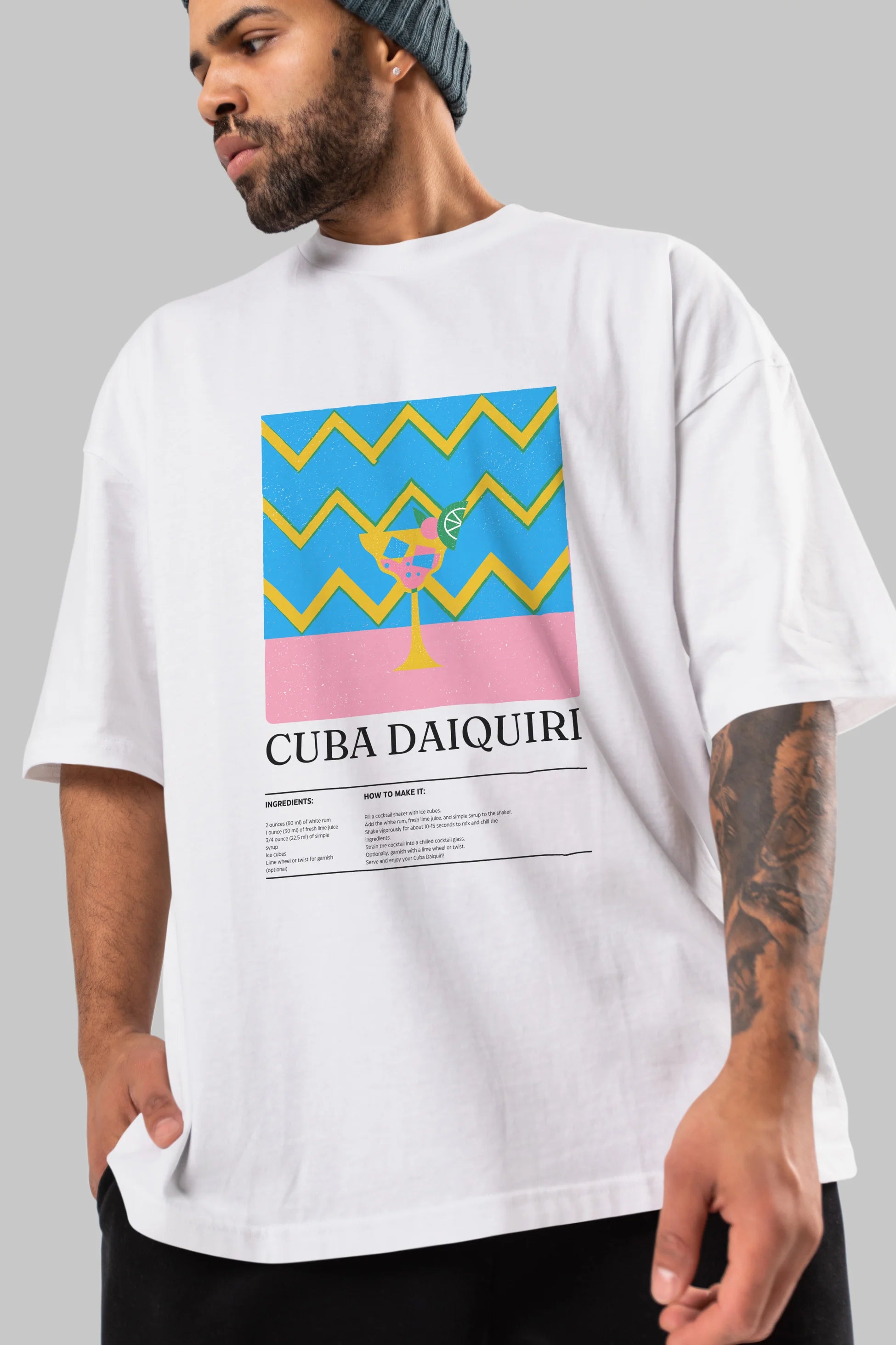 Cuba Daiquiri Kokteyl Ön Baskılı Oversize t-shirt Erkek Kadın %100 Pamuk Bisiklet Yaka tişort