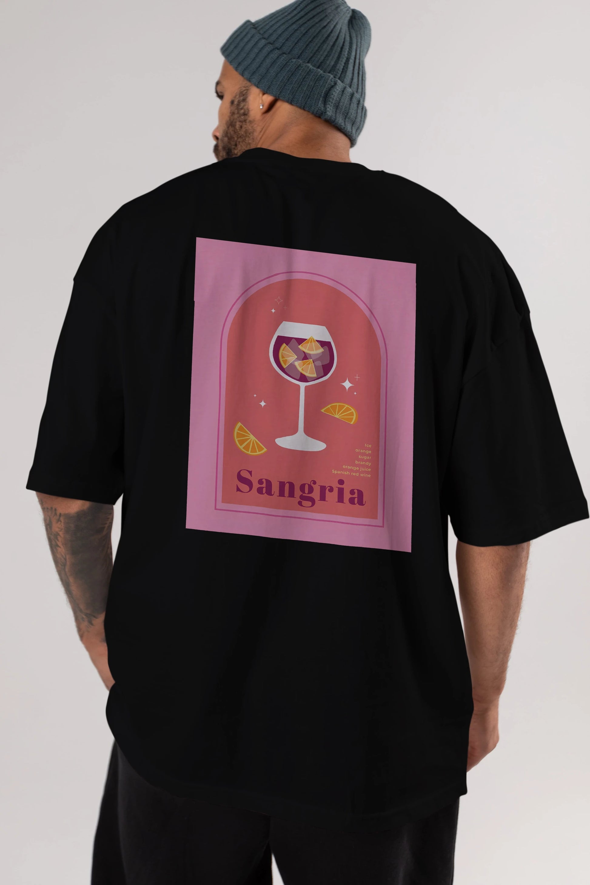 Sangria Arka Baskılı Oversize t-shirt Erkek Kadın Unisex %100 Pamuk Bisiklet Yaka tişort