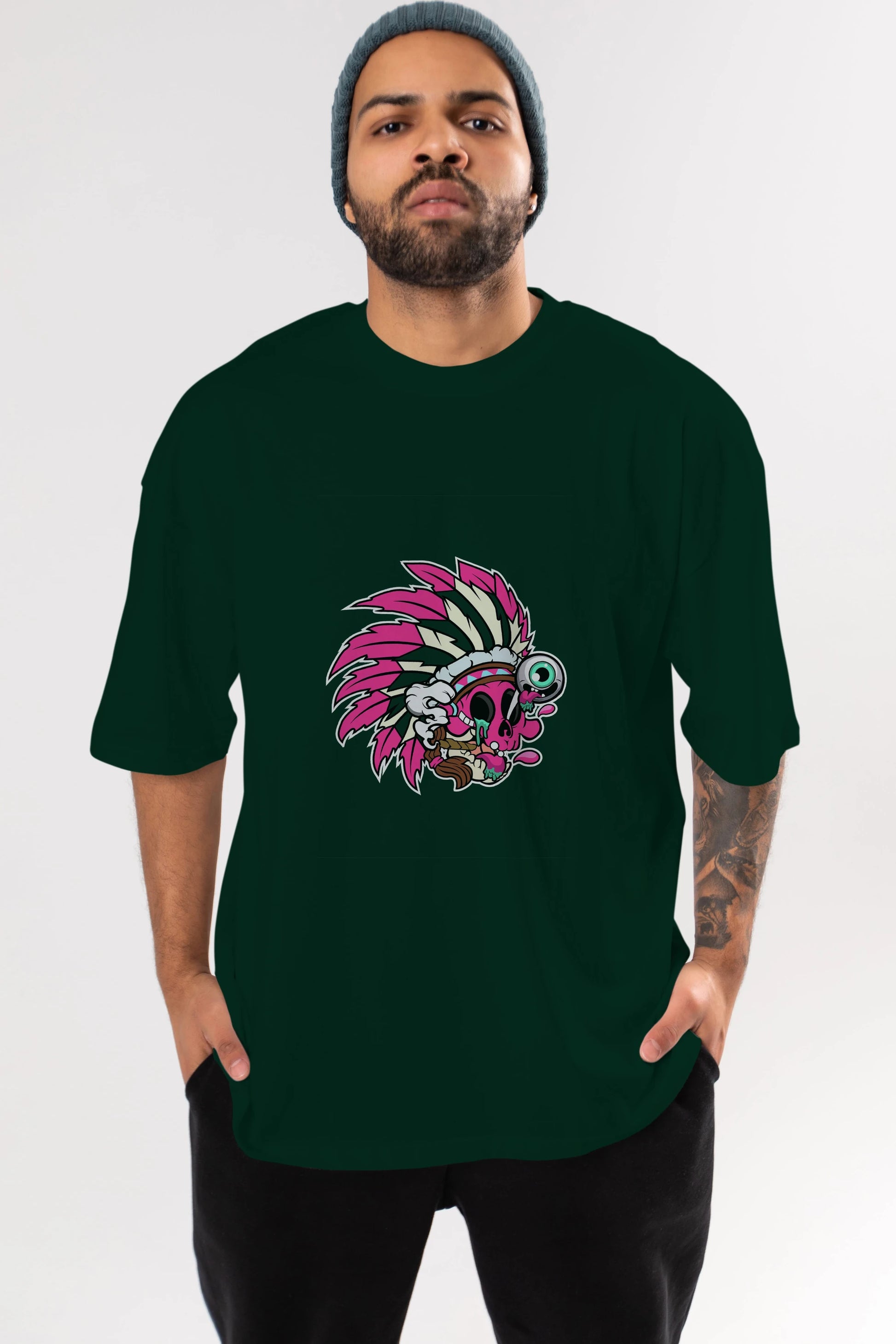Skull Indian Ön Baskılı Oversize t-shirt Erkek Kadın Unisex %100 Pamuk tişort