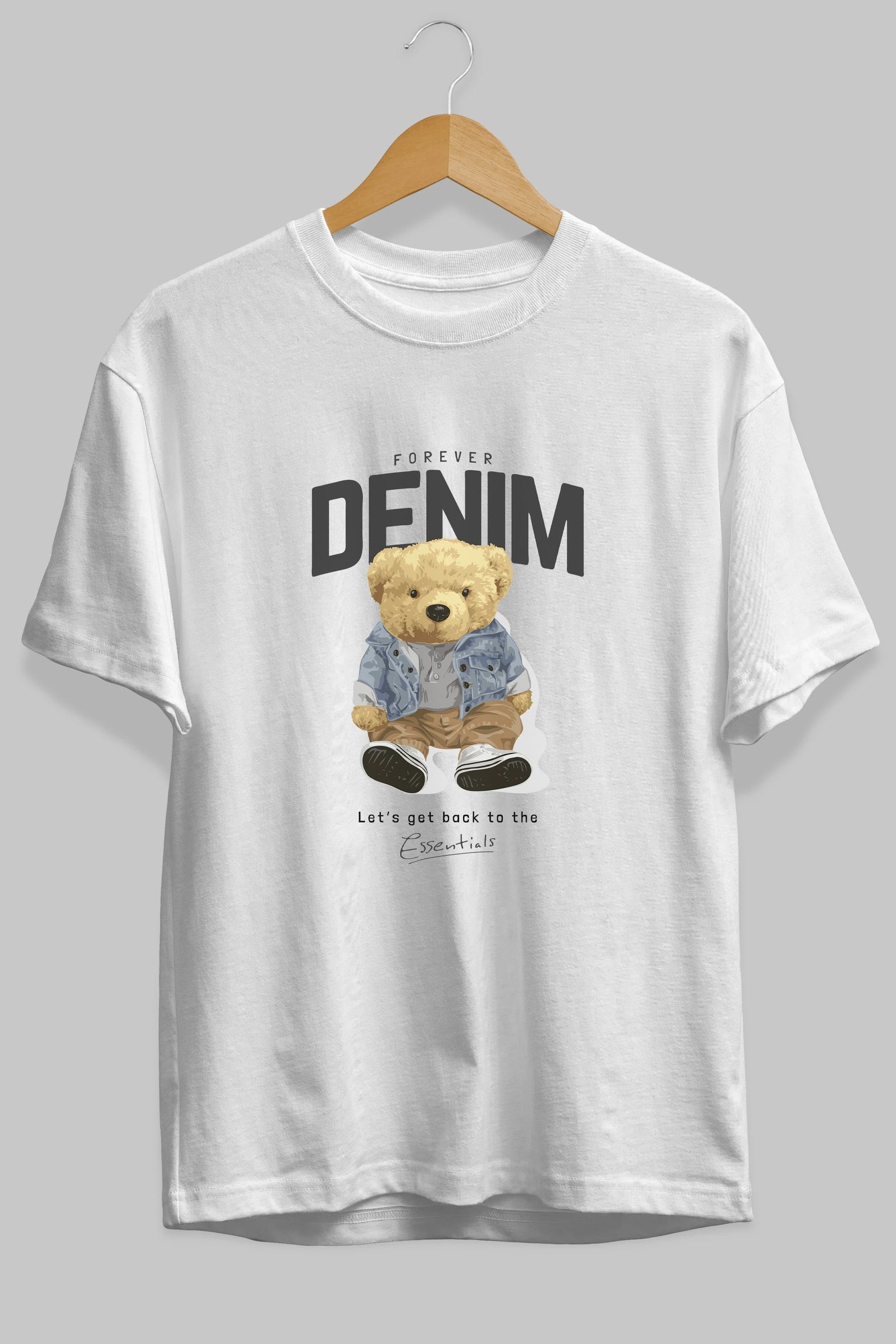 Teddy Bear Forever Denim Ön Baskılı Oversize t-shirt Erkek Kadın Unisex %100 Pamuk