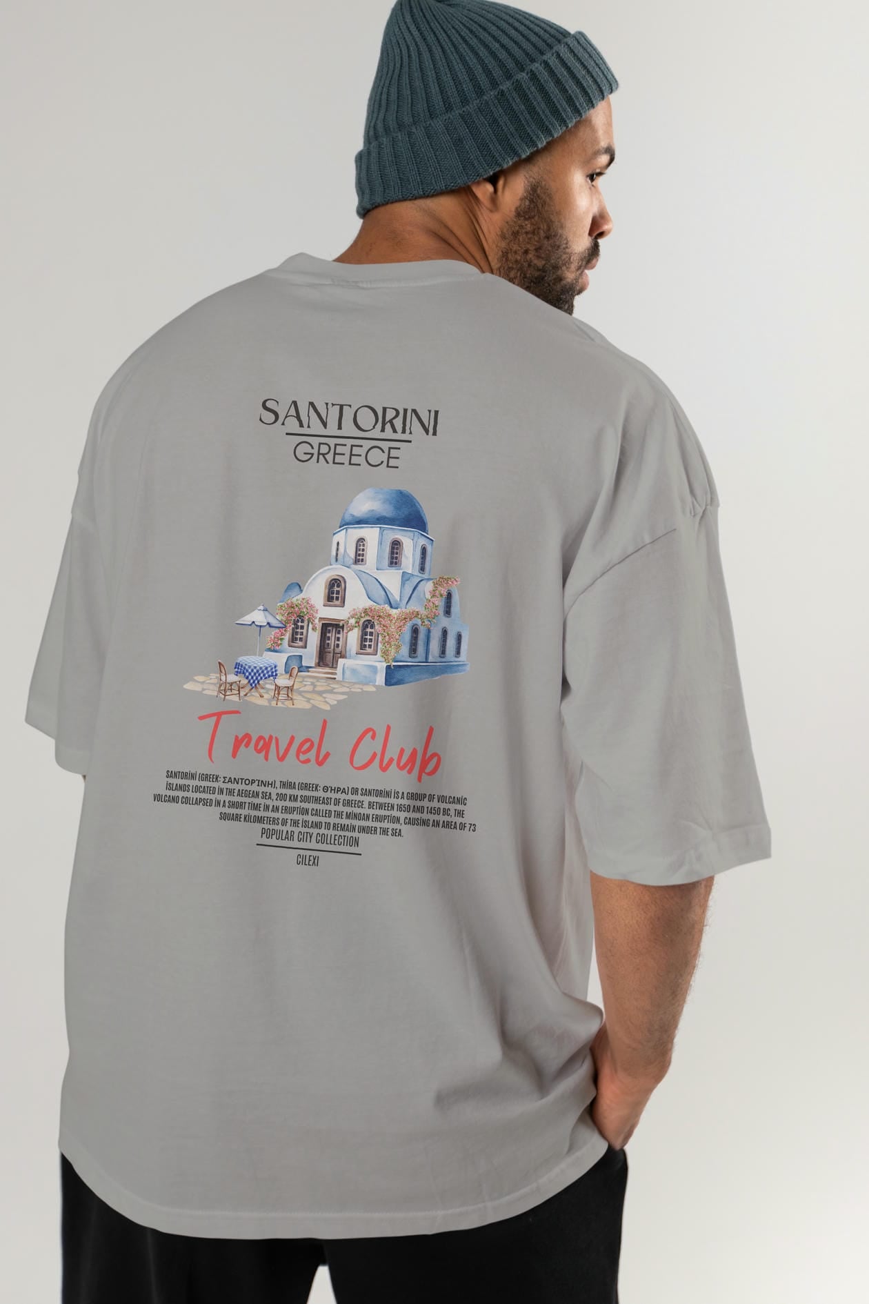 Santorini Greece Arka Baskılı Oversize t-shirt Erkek Kadın Pamuk Bisiklet Yaka tişort
