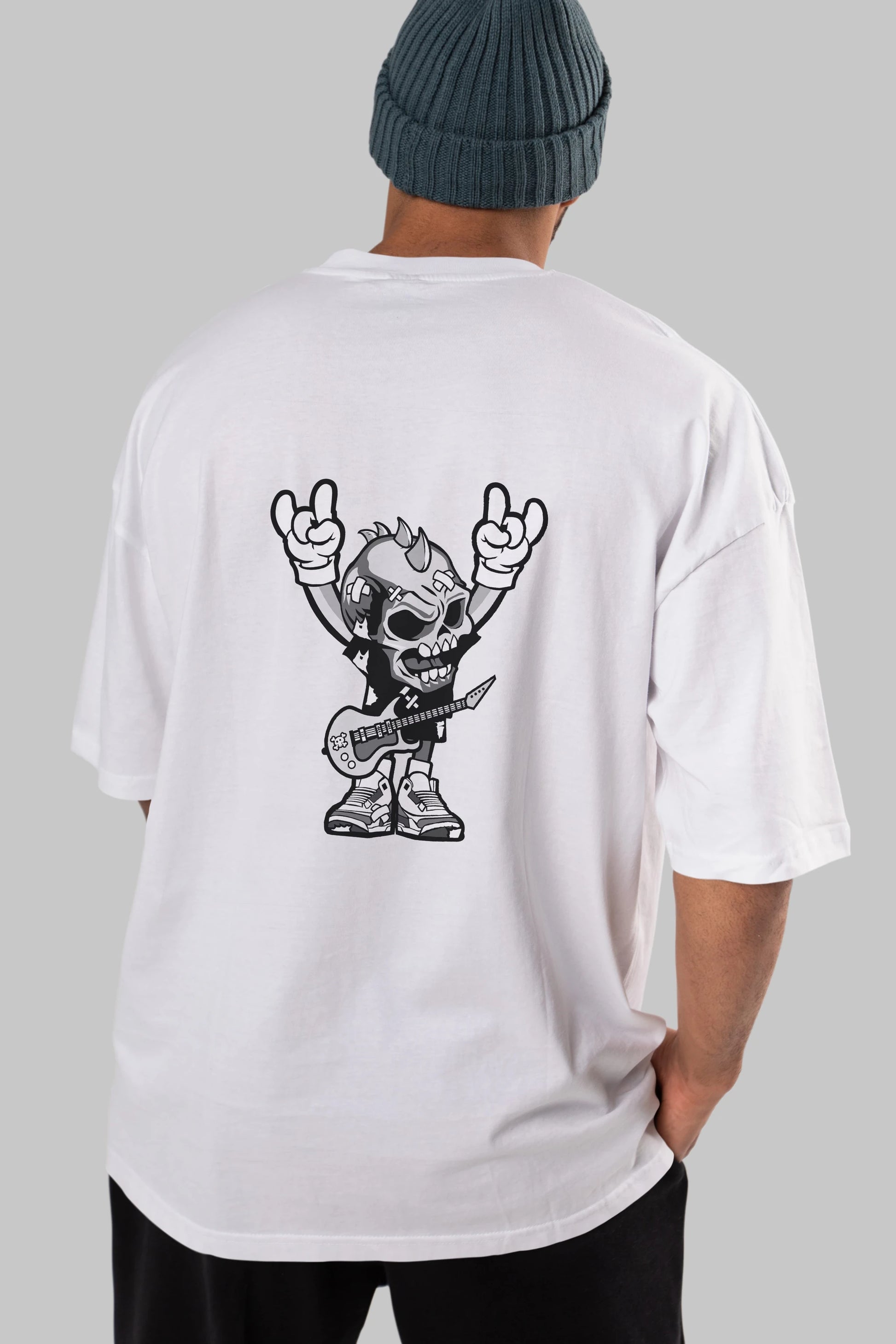 Punk Rock Skull Arka Baskılı Oversize t-shirt Erkek Kadın Unisex %100 Pamuk tişort