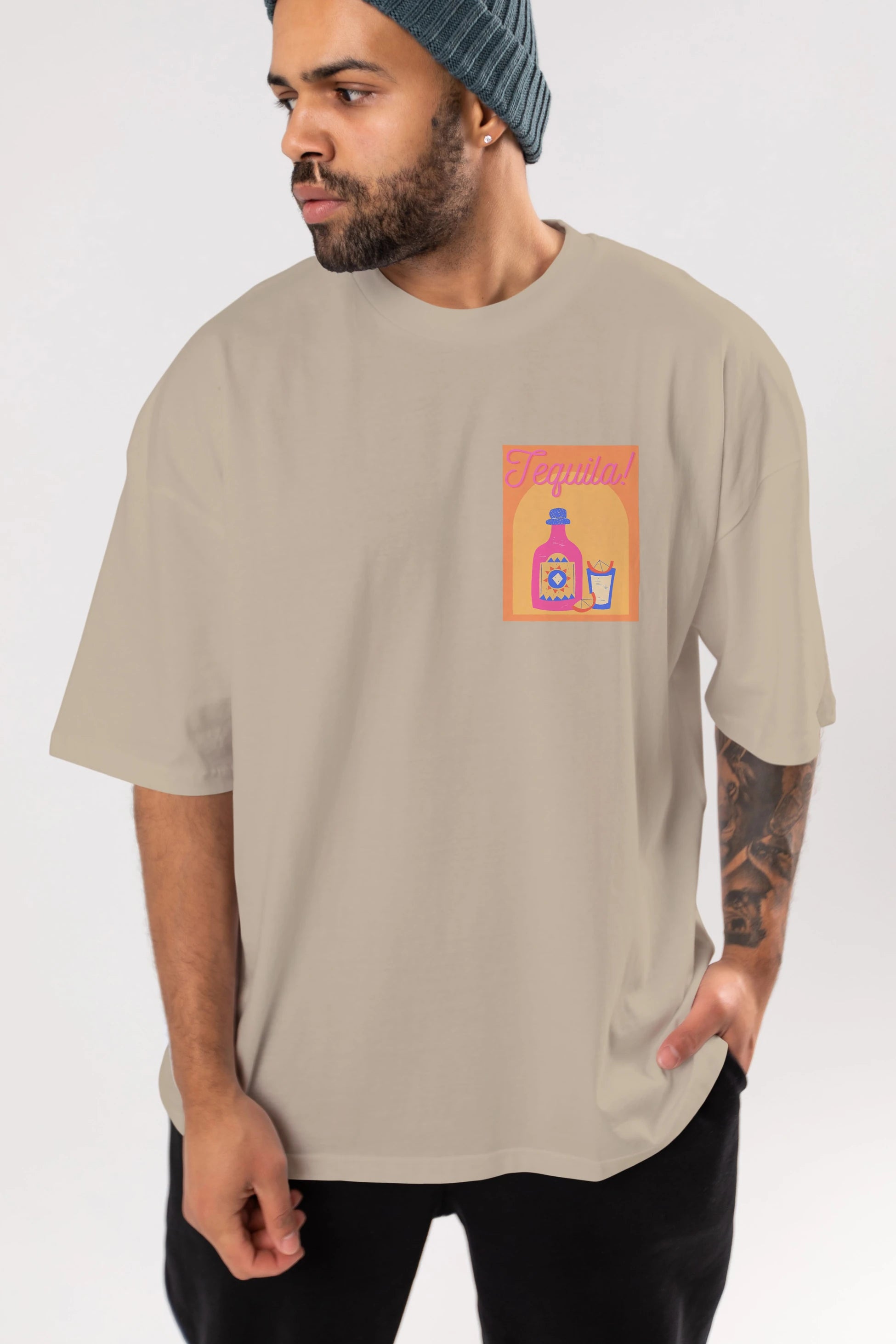 Tequila Ön Sol Baskılı Oversize t-shirt Erkek Kadın Unisex %100 Pamuk Bisiklet Yaka tişort