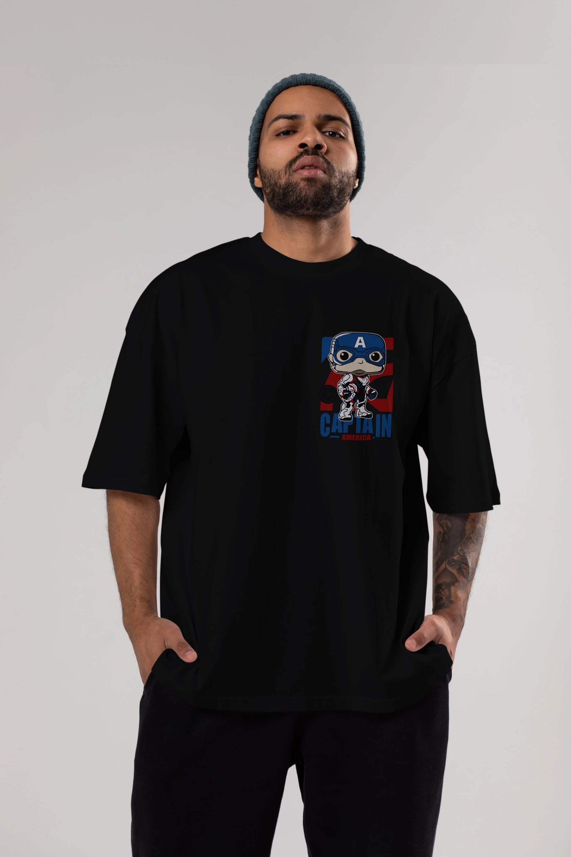 Captain America Ön Sol Baskılı Oversize t-shirt Erkek Kadın Unisex %100 Pamuk Bisiklet Yaka tişort