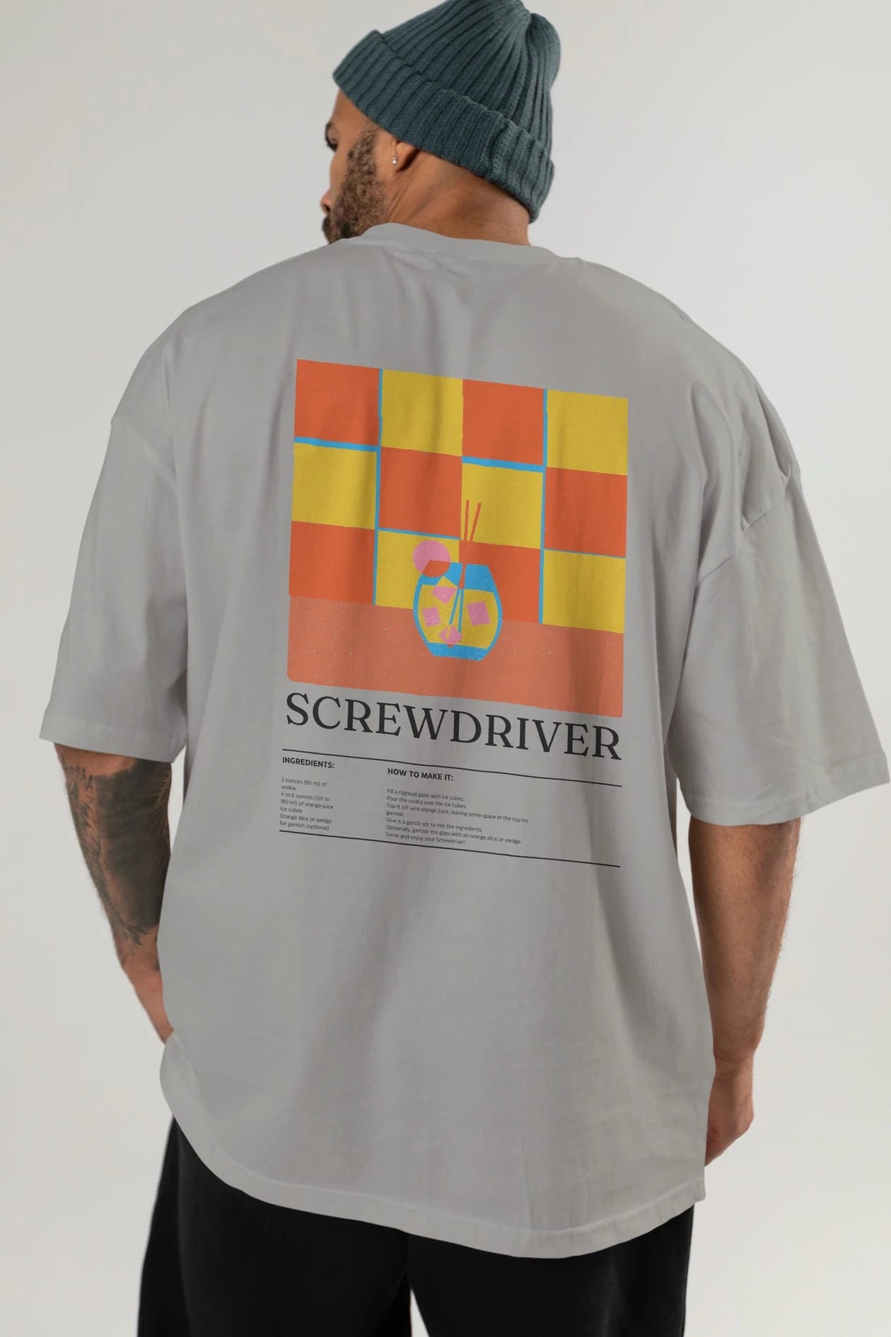 Screwdriver Kokteyl Serisi Arka Baskılı Oversize t-shirt Erkek Kadın %100 Pamuk Bisiklet Yaka tişort