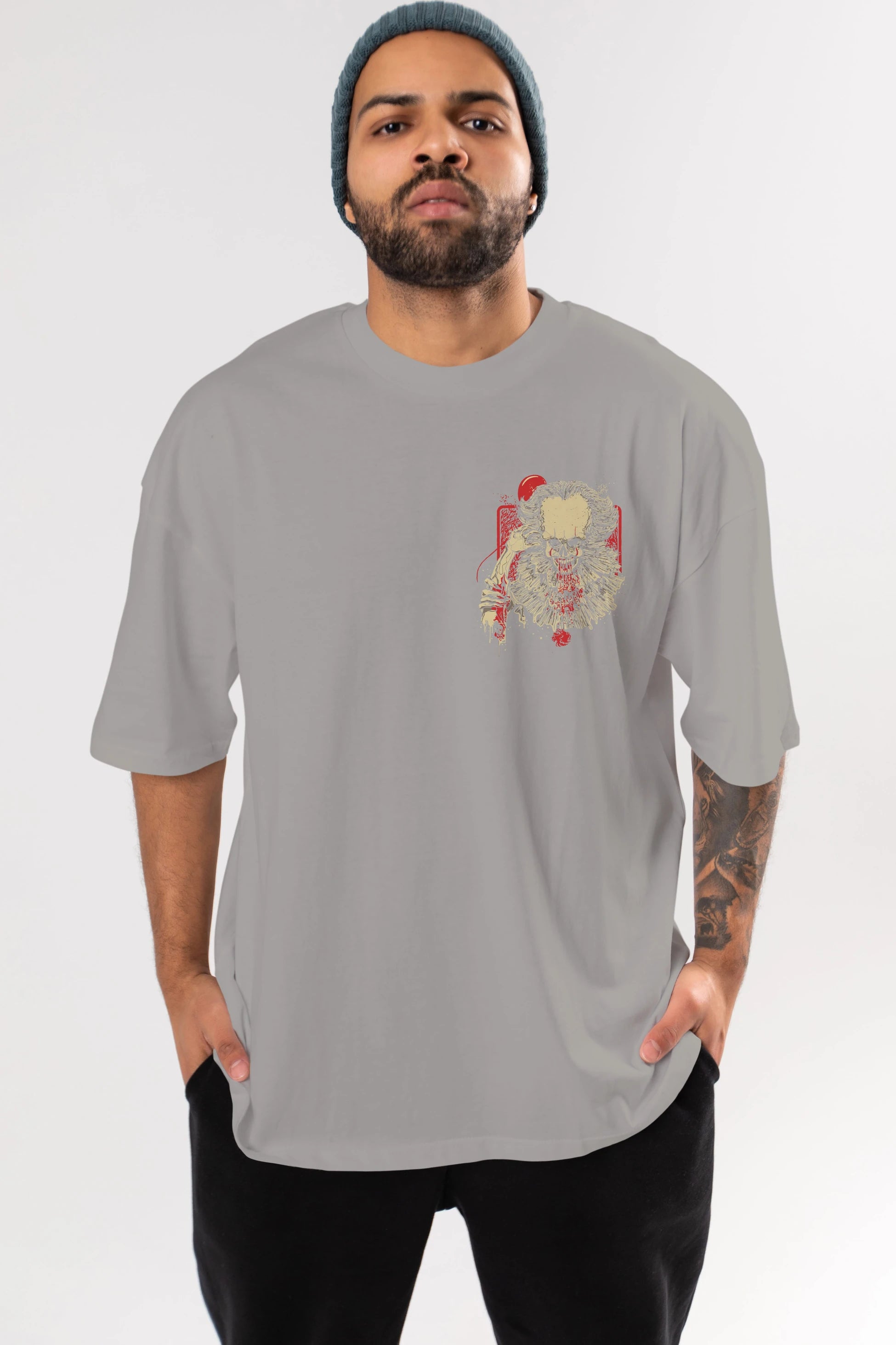 it (2) Ön Sol Baskılı Oversize t-shirt Erkek Kadın Unisex %100 Pamuk Bisiklet Yaka tişort