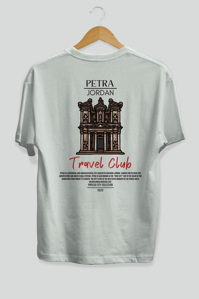 Petra Jordan Arka Baskılı Oversize t-shirt Erkek Kadın Pamuk Bisiklet Yaka tişort