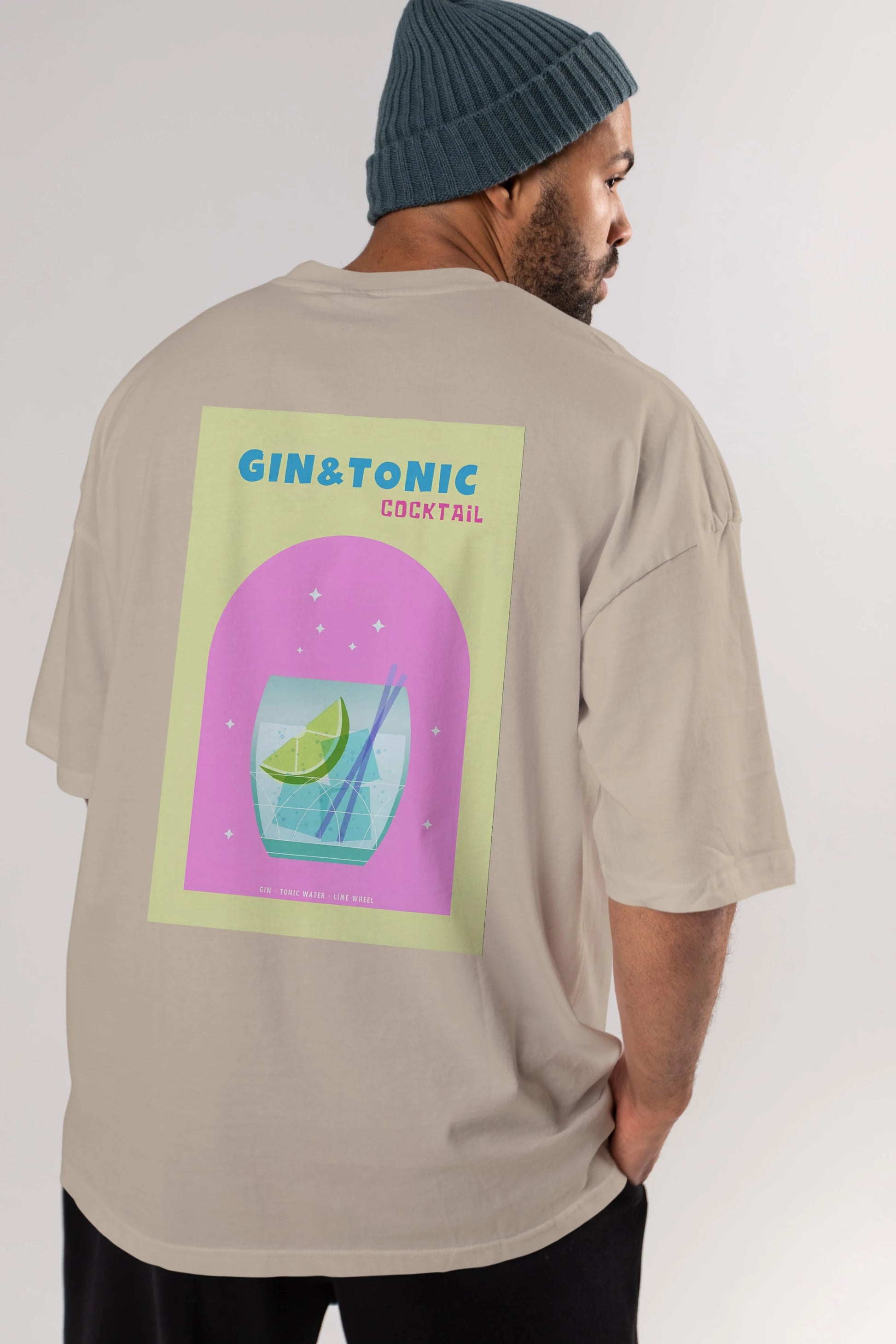 Gin Tonic Cocktail Arka Baskılı Oversize t-shirt Erkek Kadın Unisex %100 Pamuk Bisiklet Yaka tişort