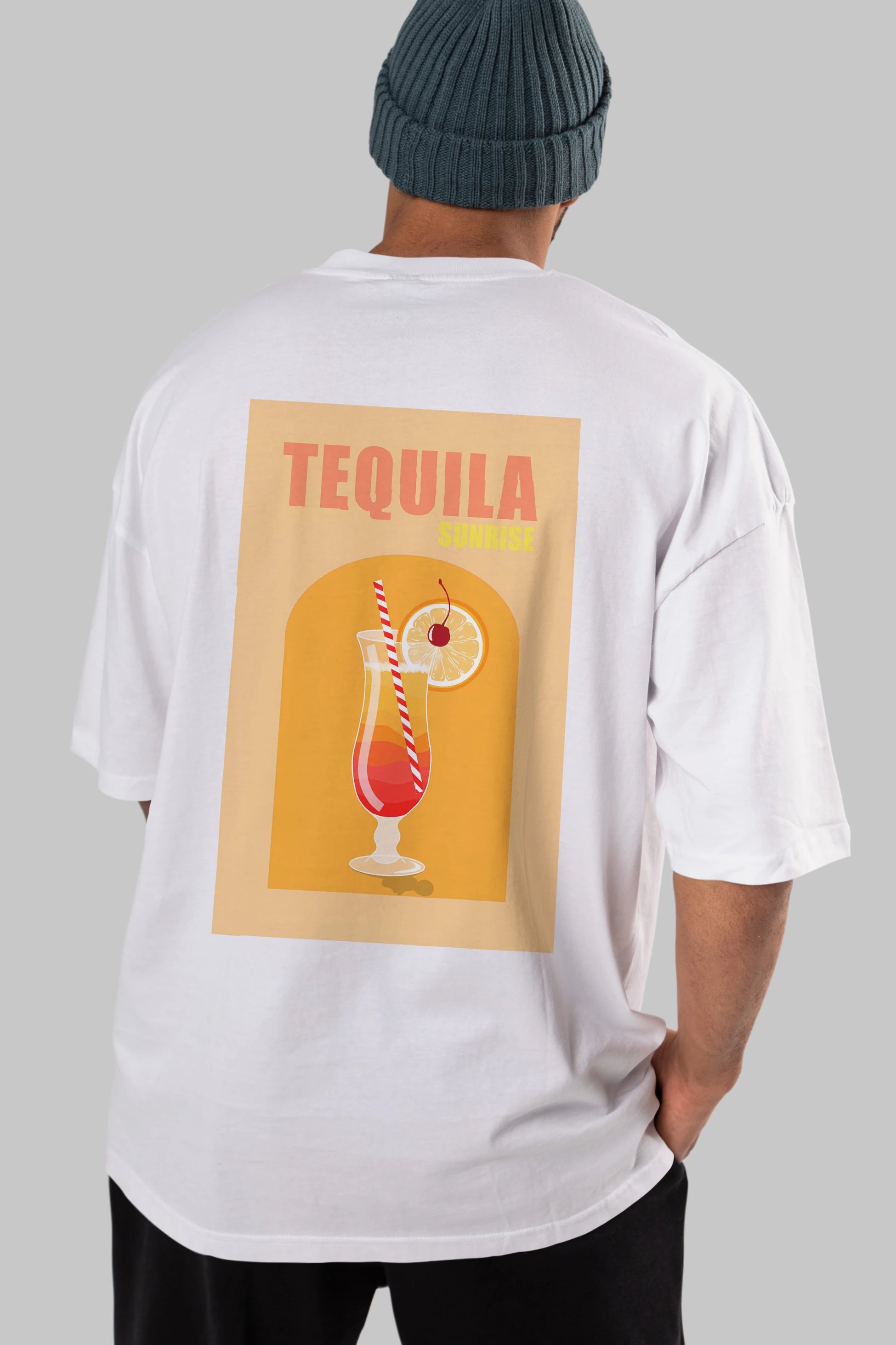 Tequila Sunrise Arka Baskılı Oversize t-shirt Erkek Kadın Unisex %100 Pamuk Bisiklet Yaka tişort