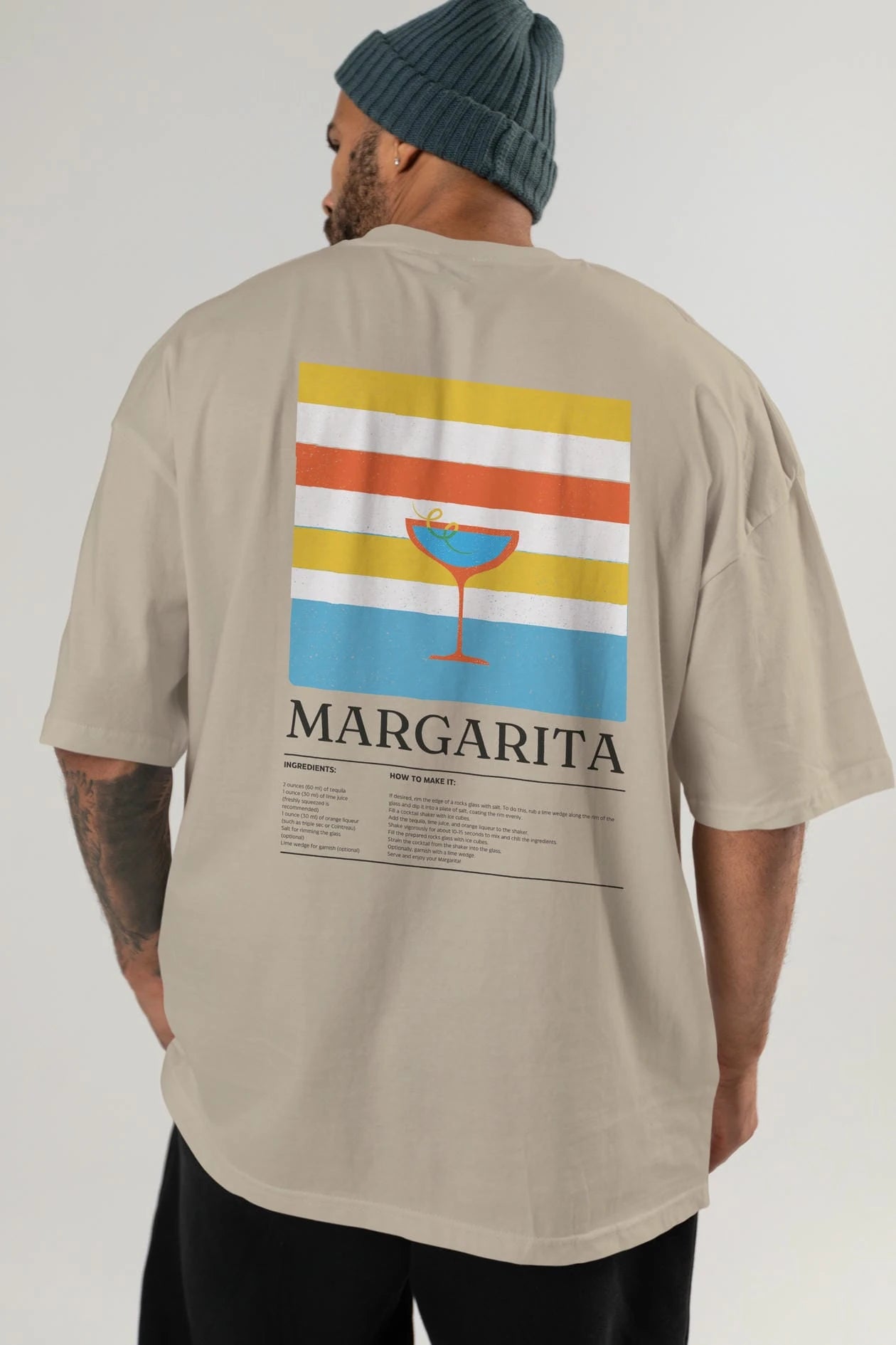 Margarita Kokteyl Serisi Arka Baskılı Oversize t-shirt Erkek Kadın %100 Pamuk Bisiklet Yaka tişort