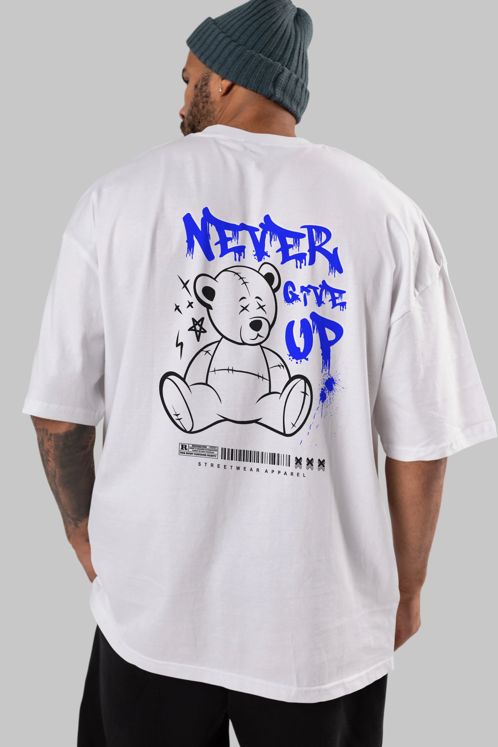 Teddy Bear Never Give Up Arka Baskılı Oversize t-shirt Erkek Kadın Unisex