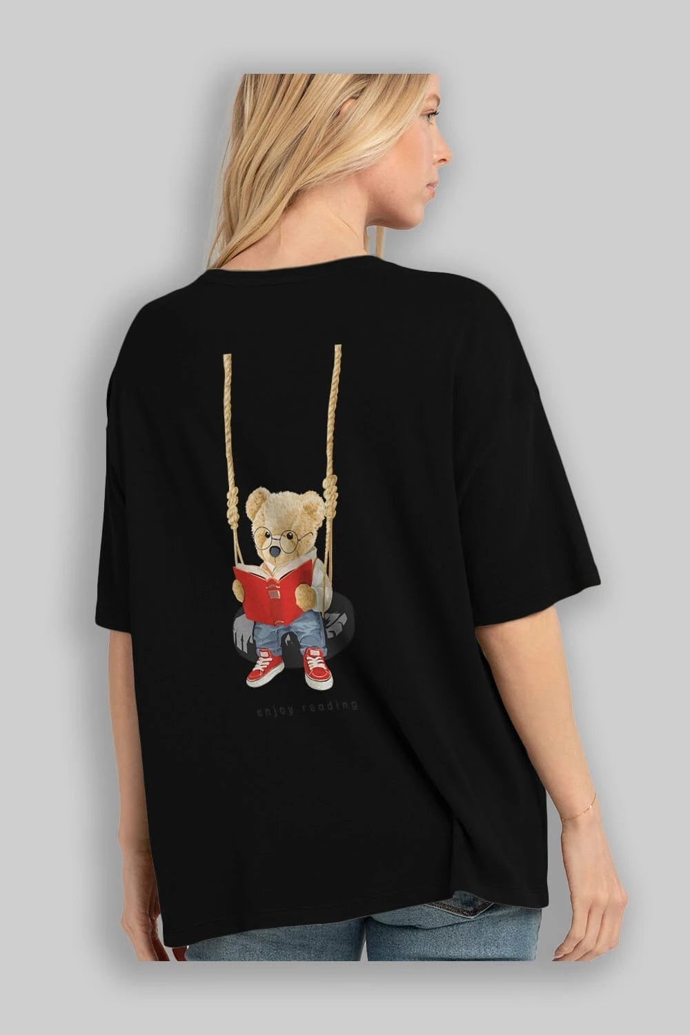 Teddy Bear Enjoy Reading Arka Baskılı Oversize t-shirt Erkek Kadın Unisex %100 Pamuk