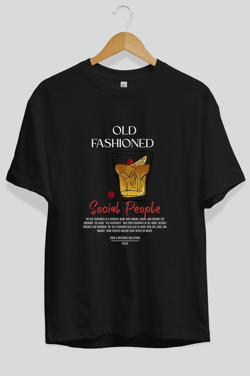 Old Fashıoned Kokteyl Serisi ön Baskılı Oversize t-shirt Erkek Kadın %100 Pamuk Bisiklet Yaka tişort