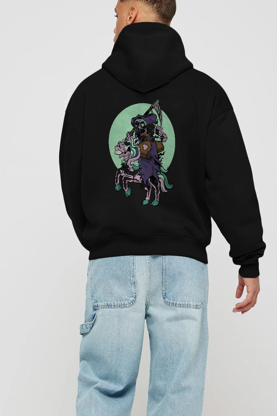 Grim Reaper Riding Unicorn Arka Baskılı Hoodie Oversize Kapüşonlu Sweatshirt Erkek Kadın Unisex