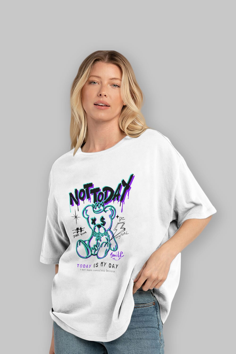 Teddy Bear Not Today Ön Baskılı Oversize t-shirt Erkek Kadın Unisex