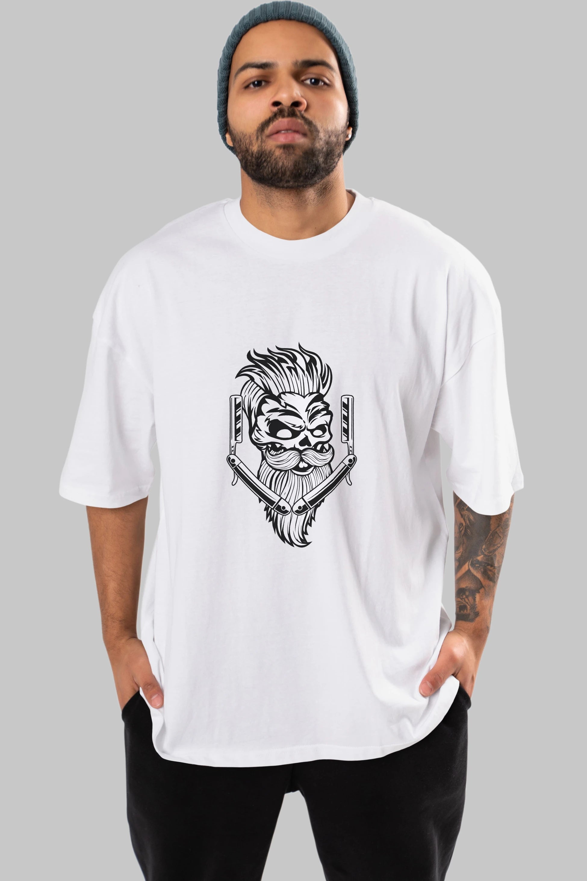 Skull Beard Ön Baskılı Oversize t-shirt Erkek Kadın Unisex %100 Pamuk tişort