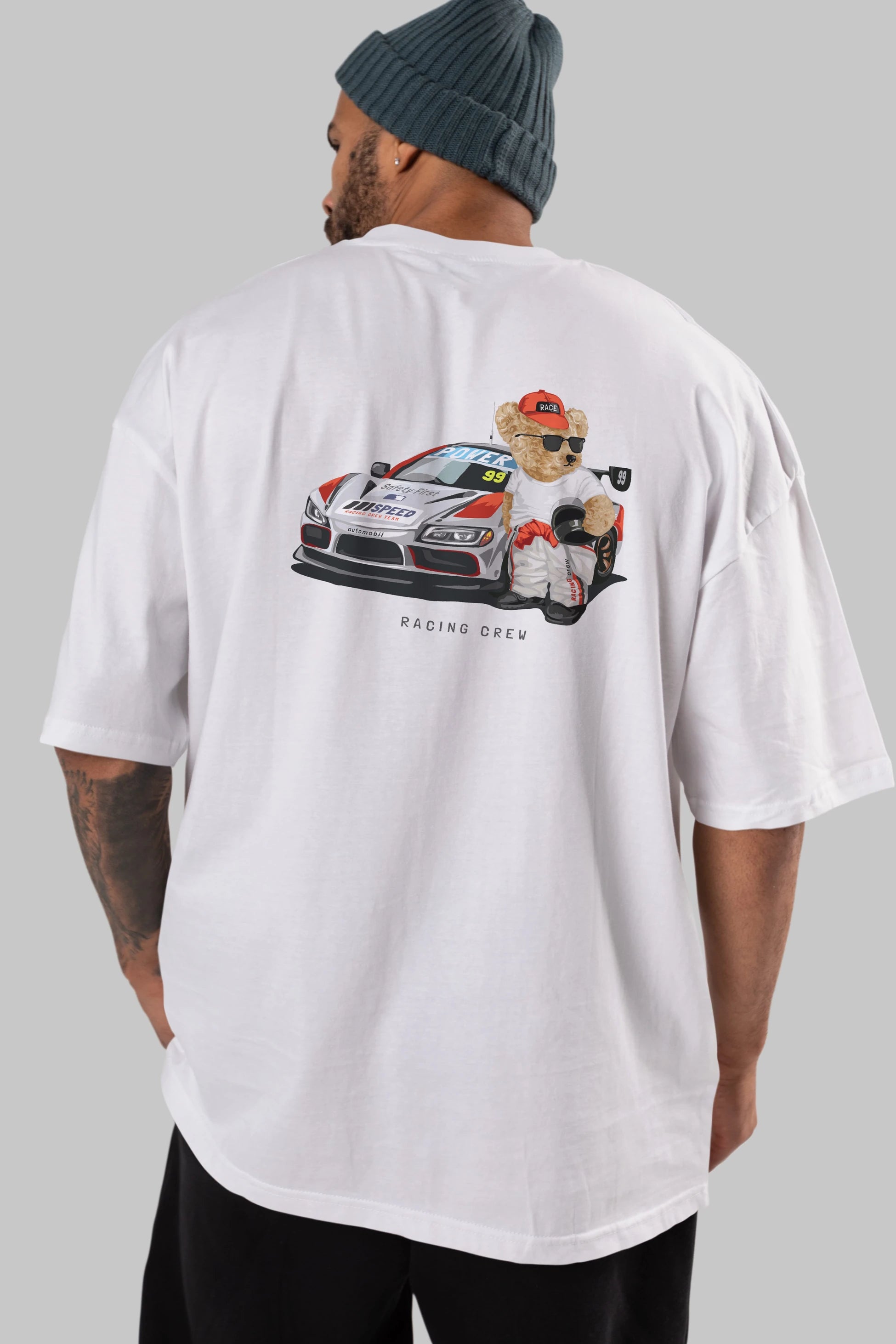 Teddy Bear Racing Crew Arka Baskılı Oversize t-shirt Erkek Kadın Unisex %100 Pamuk