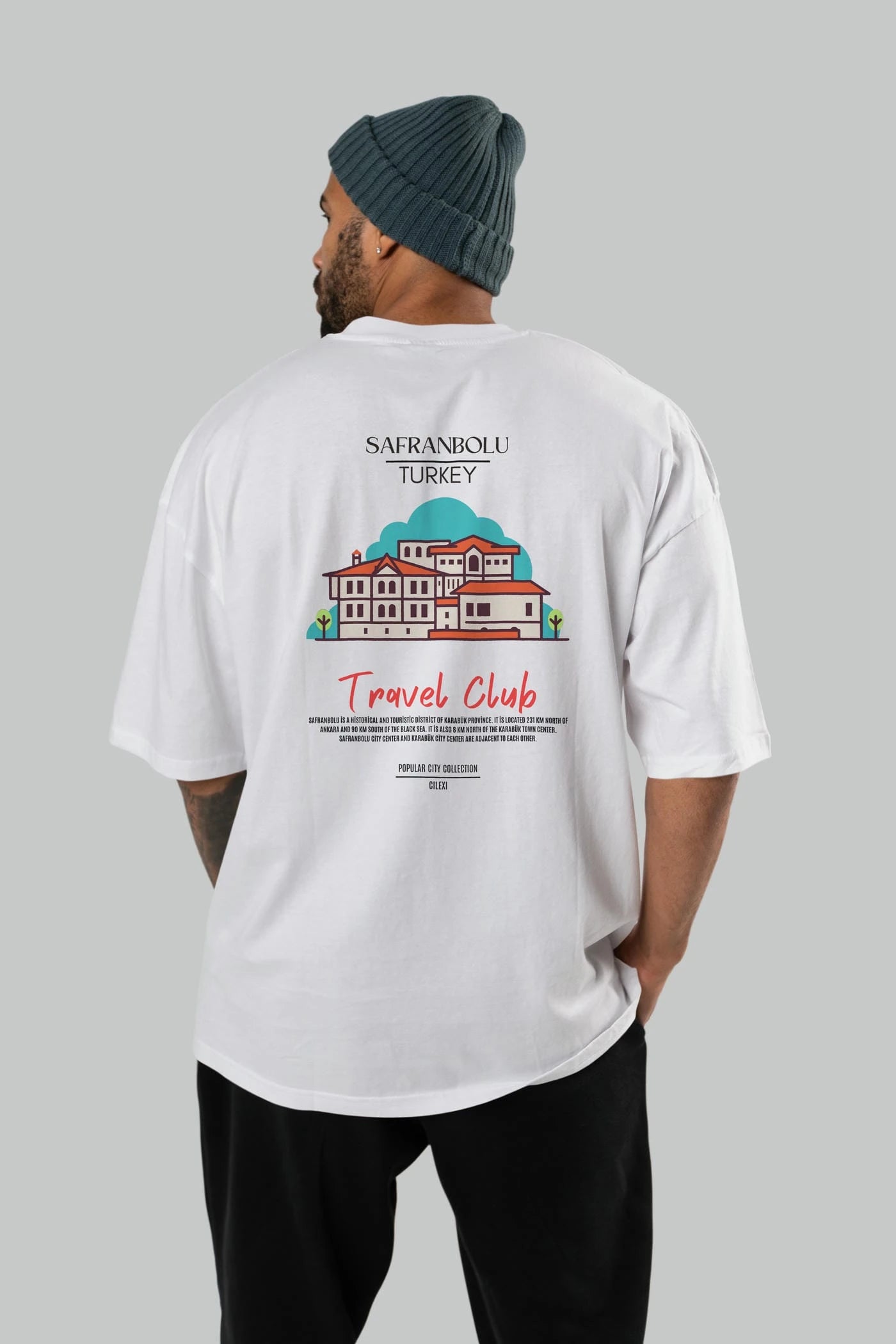 Safranbolu Turkey Arka Baskılı Oversize t-shirt Erkek Kadın Pamuk Bisiklet Yaka tişort