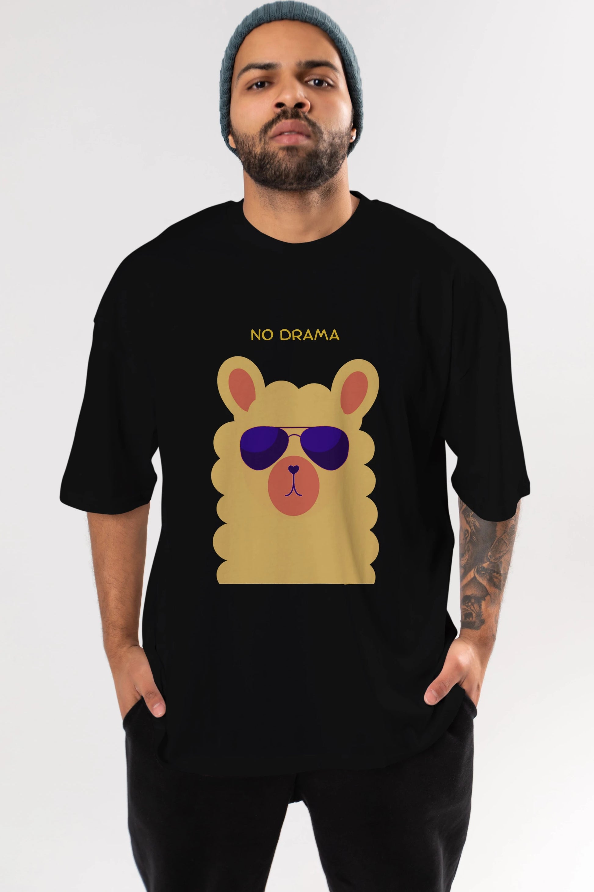 No Drama Yazılı Lama Ön Baskılı Oversize t-shirt Erkek Kadın Unisex