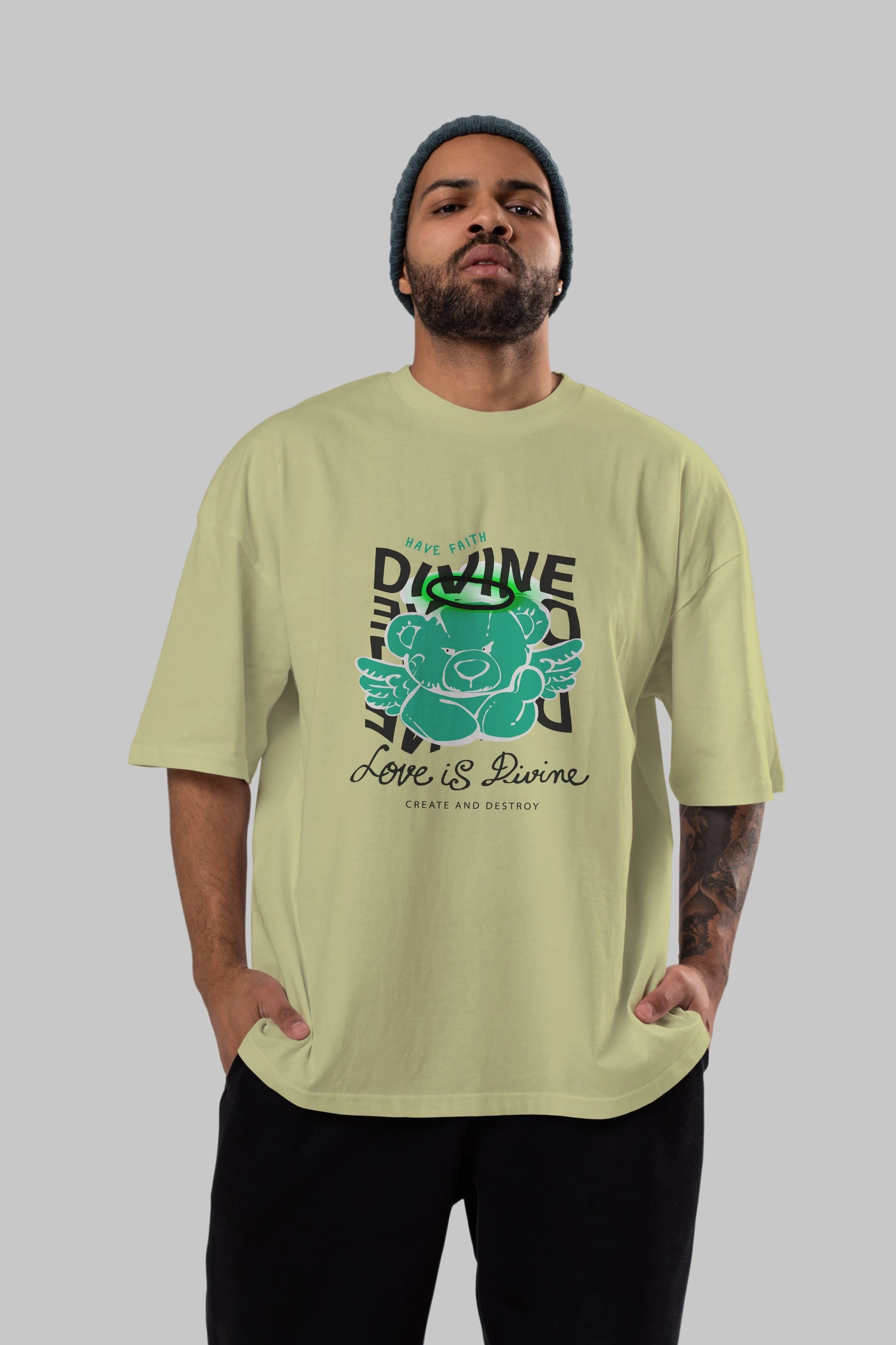 Love is Divine Bear Ön Baskılı Oversize t-shirt Erkek Kadın Unisex