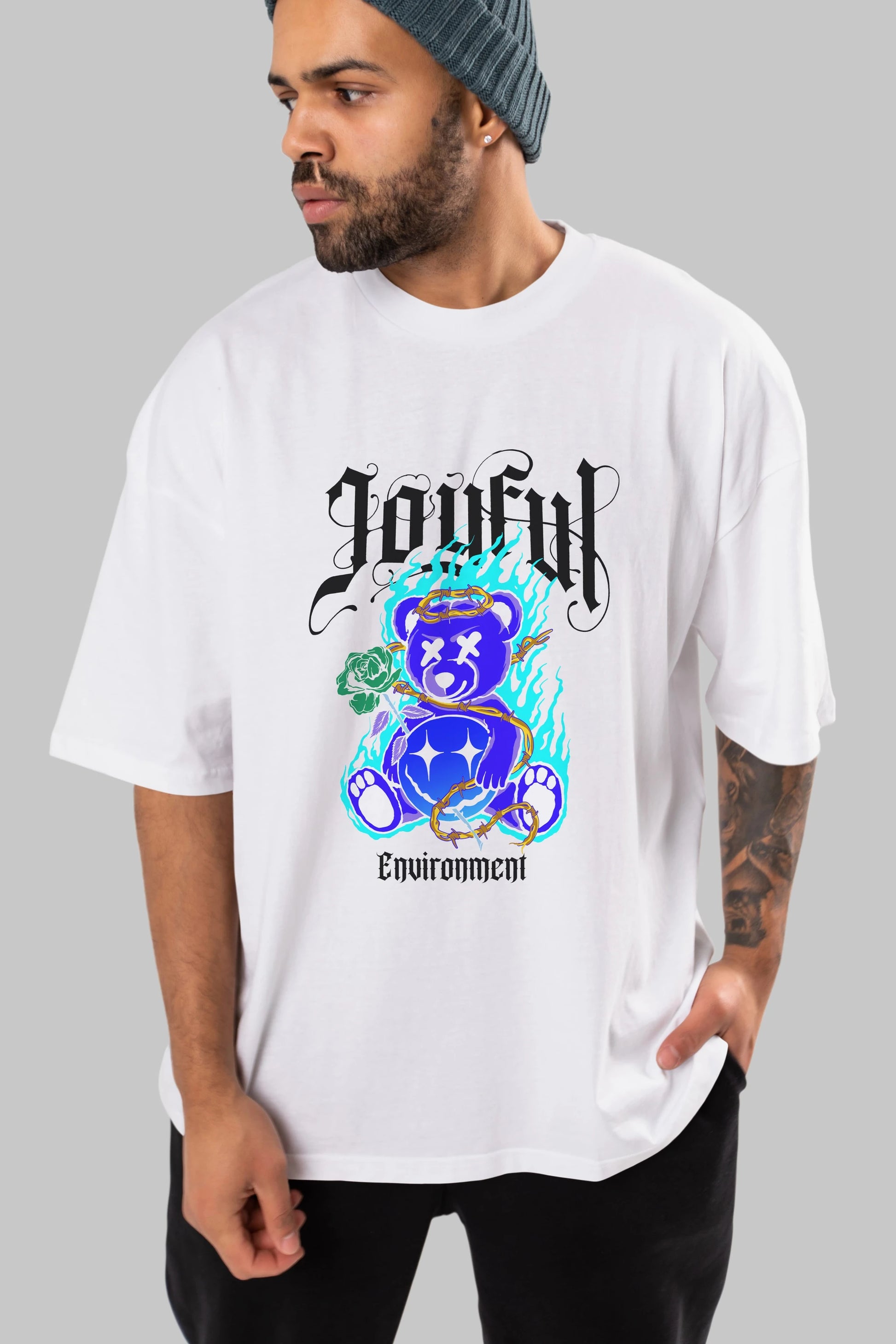 Joyful Bear Ön Baskılı Oversize t-shirt Erkek Kadın Unisex
