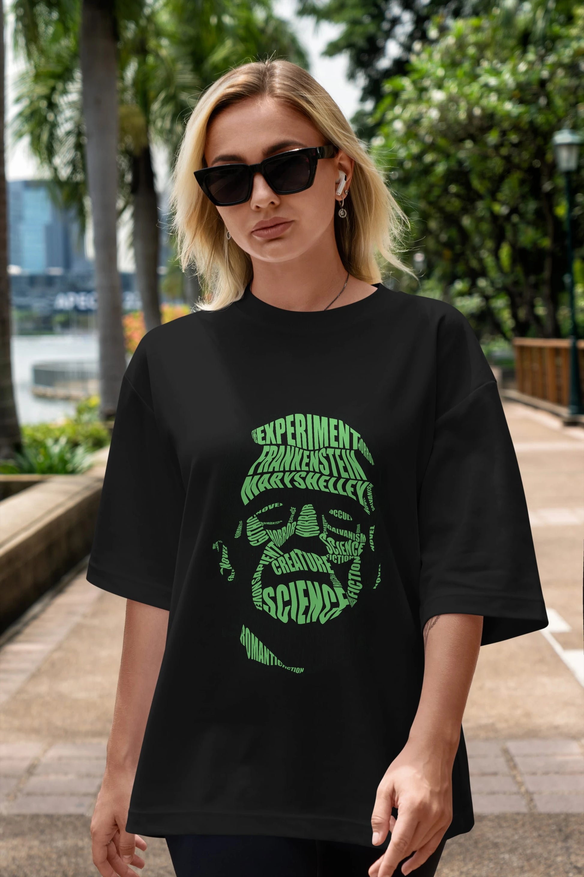 Frankenstein Calligram Ön Baskılı Oversize t-shirt %100 pamuk Erkek Kadın Unisex