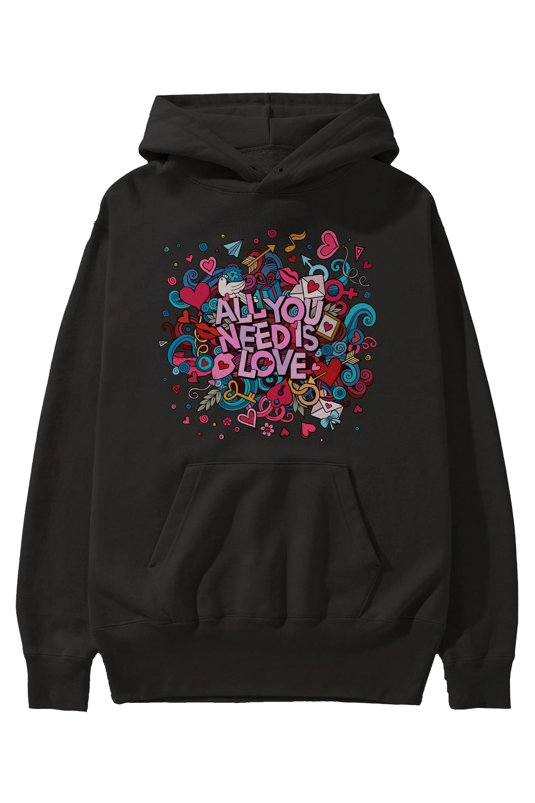Cute Fun Colorful Heart Art Love Ön Baskılı Oversize Hoodie Kapüşonlu Sweatshirt Erkek Kadın Unisex