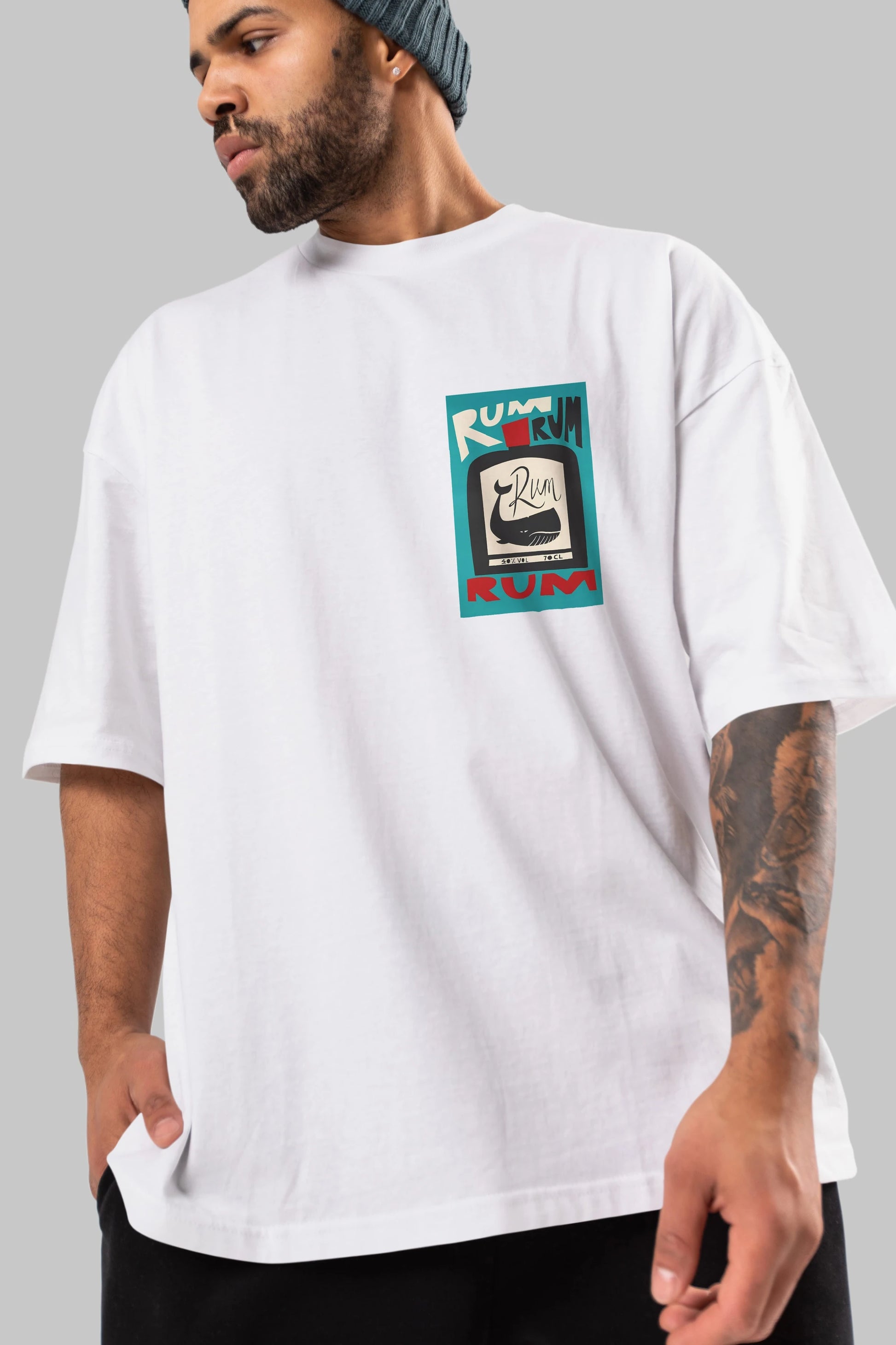 Rum Ön Sol Baskılı Oversize t-shirt Erkek Kadın Unisex %100 Pamuk Bisiklet Yaka tişort
