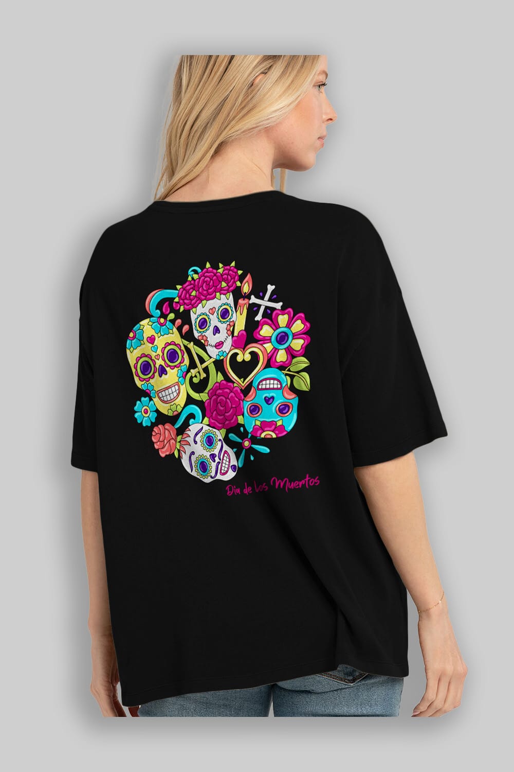Dia de los Muertos Arka Baskılı Oversize t-shirt Erkek Kadın Unisex