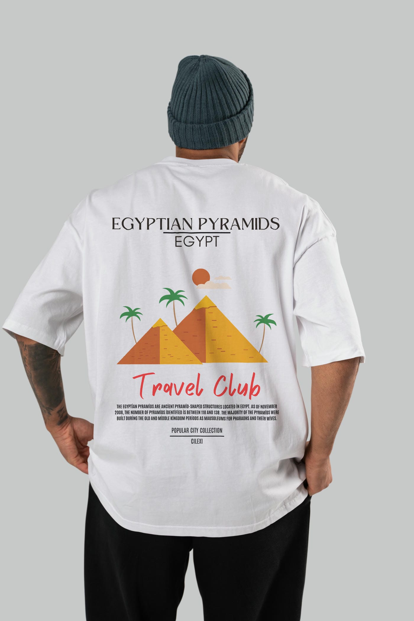Egyptian Pyramids Egypt Arka Baskılı Oversize t-shirt Erkek Kadın Pamuk Bisiklet Yaka tişort