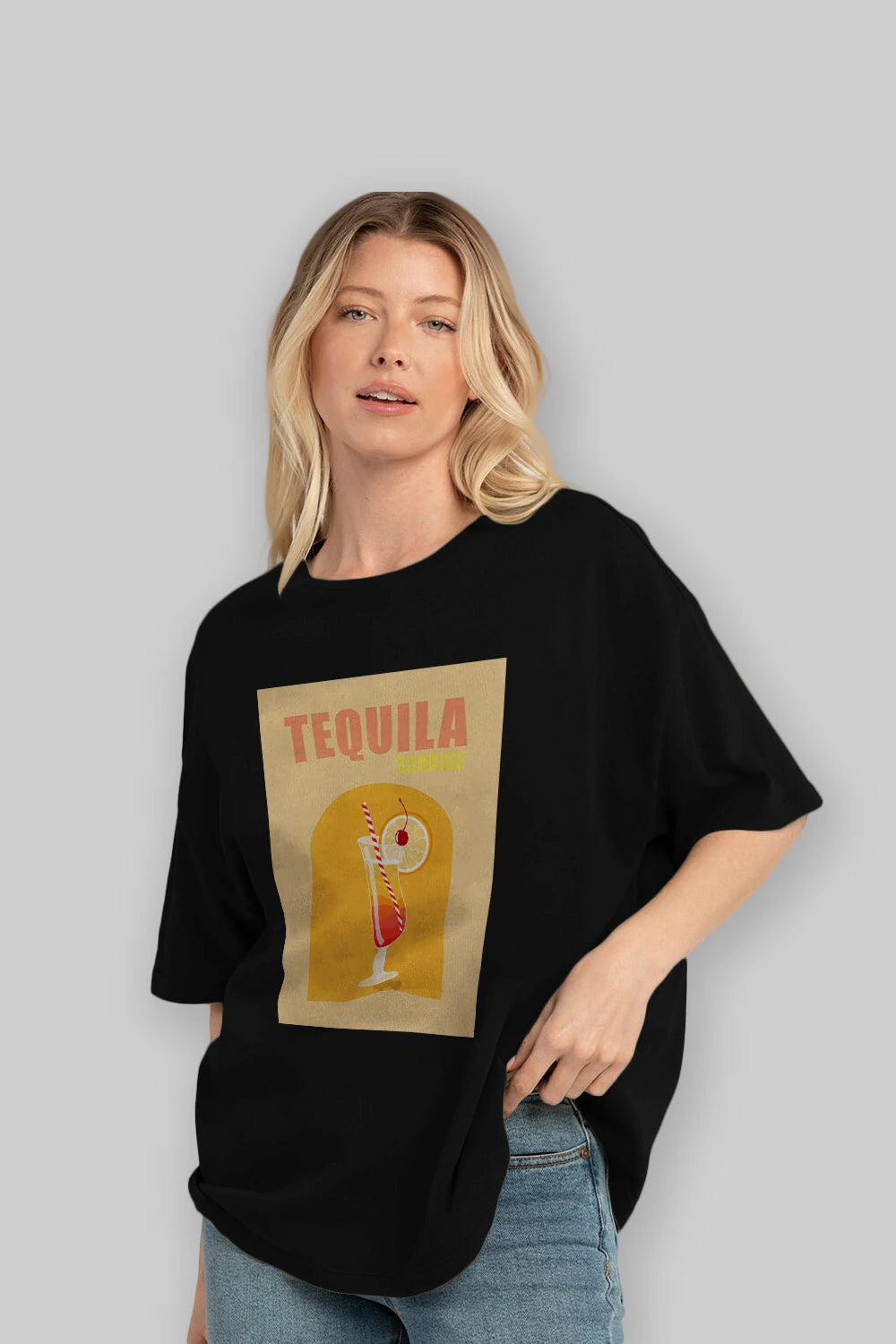 Tequila Sunrise Ön Baskılı Oversize t-shirt Erkek Kadın Unisex %100 Pamuk Bisiklet Yaka tişort